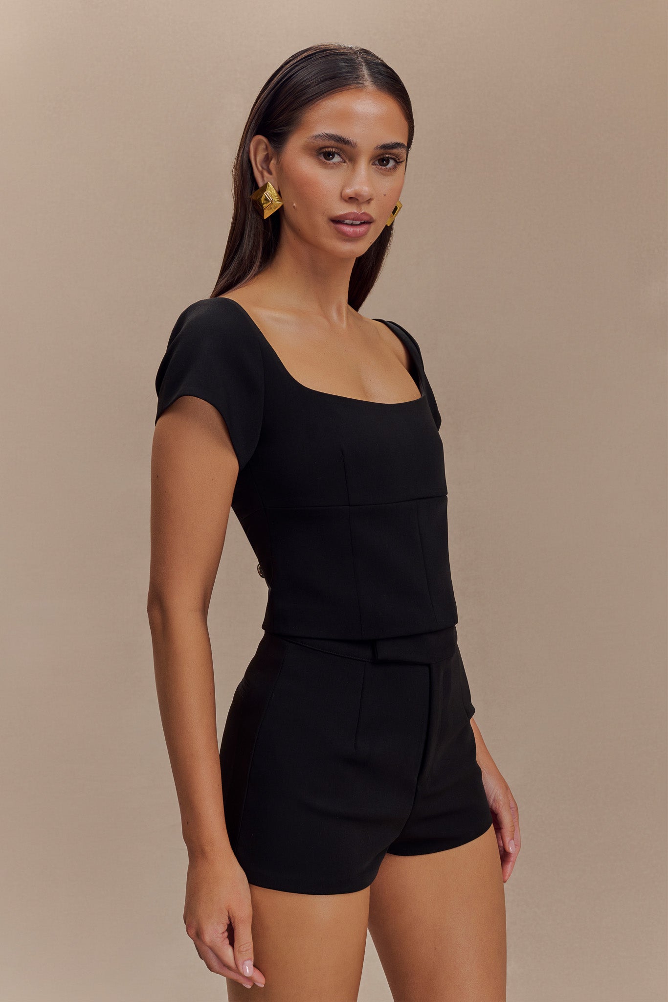 Cap Sleeve Longline Suiting Top for Women - Ellis Black