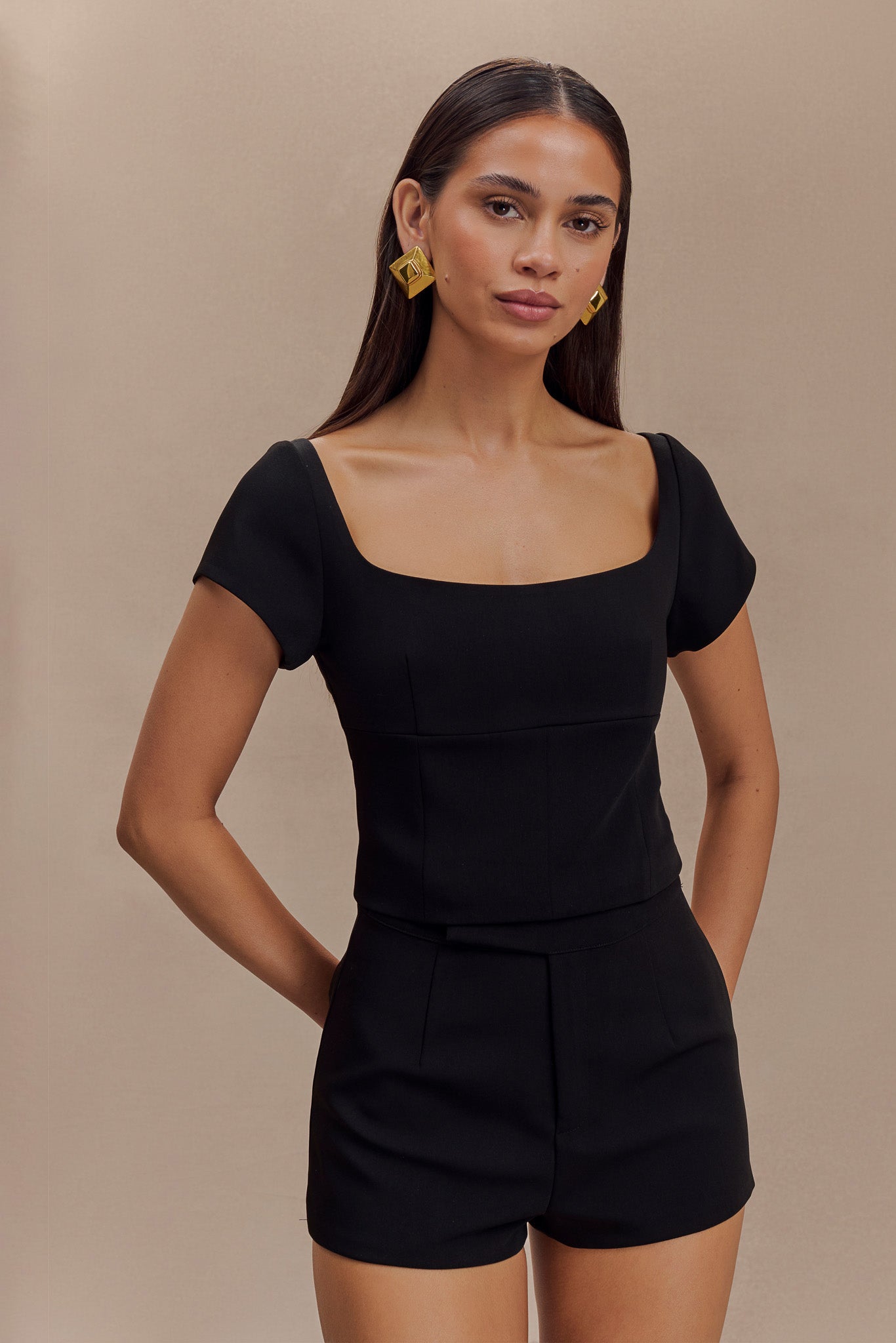 Cap Sleeve Longline Suiting Top for Women - Ellis Black