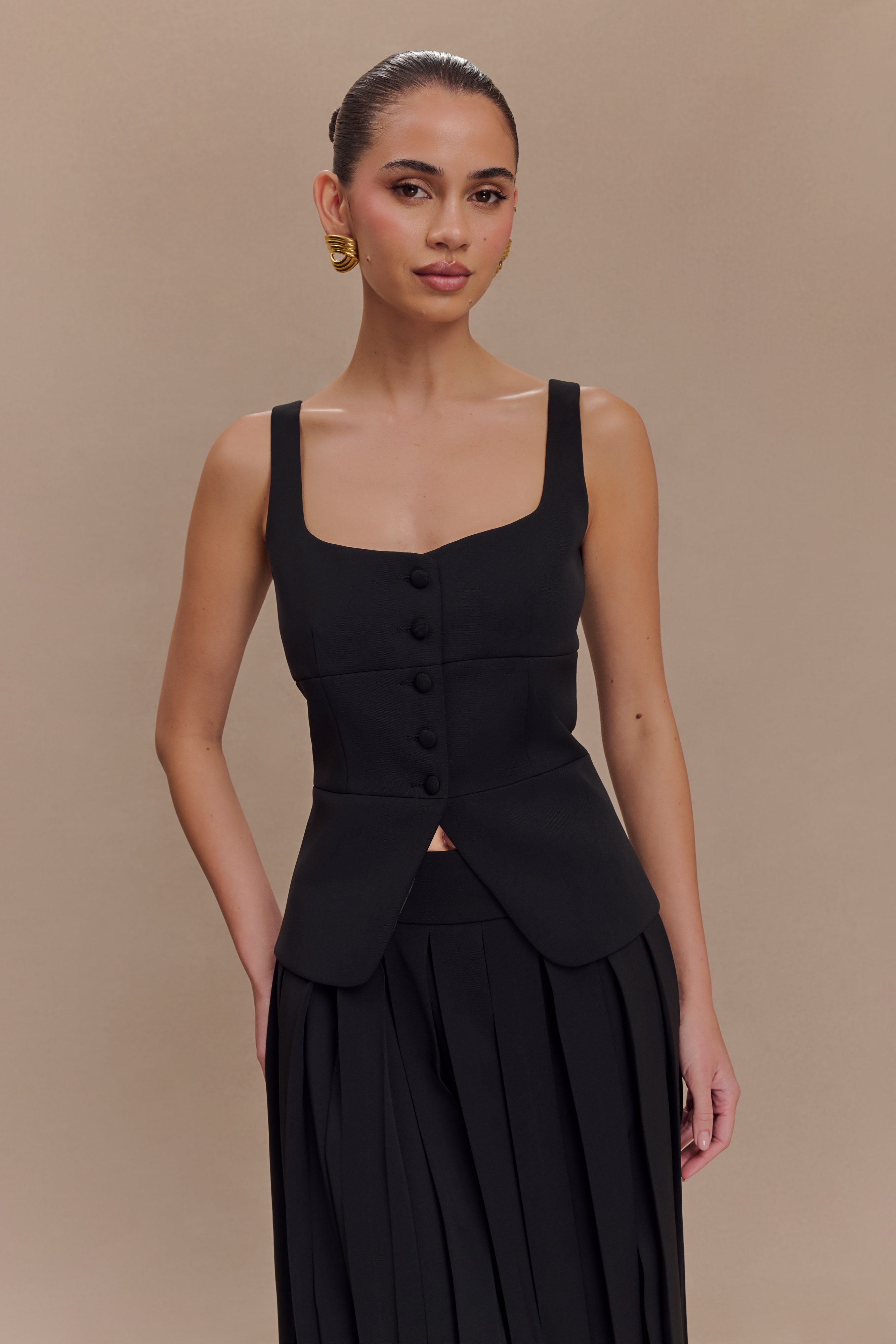 Black Peplum Top with Square Neckline & Button Front | Sunny Suiting