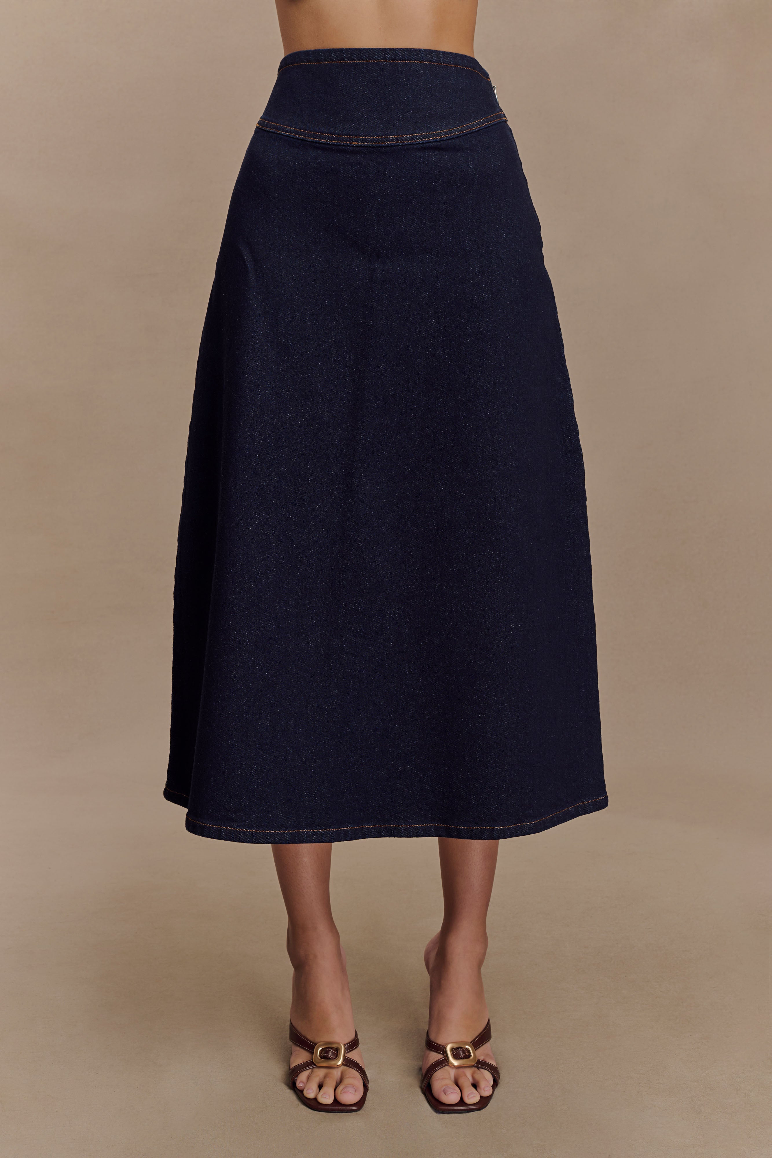 Denim A-Line Midi Skirt with High Waist & Side Zip | Cecilia