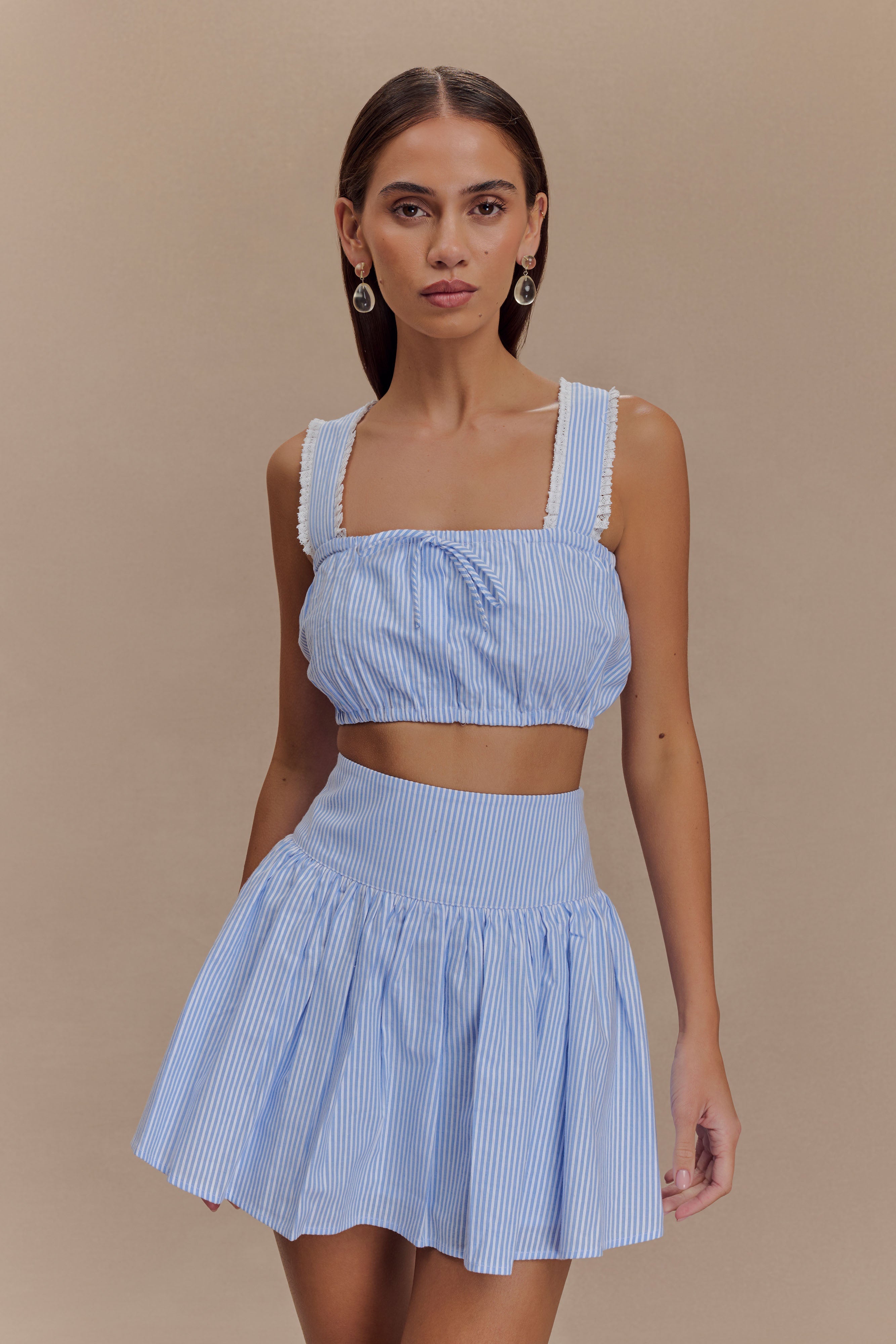 Blue Pinstripe Sleeveless Crop Top | Gretel Square Neckline