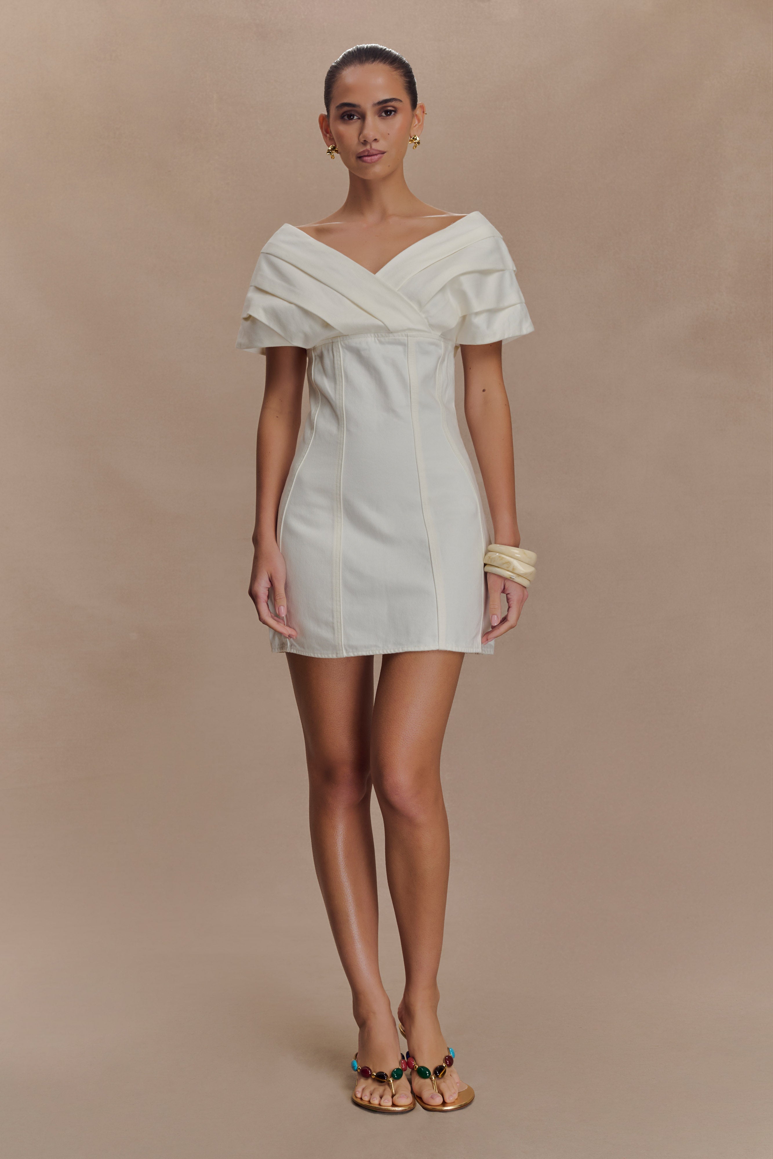 Off Shoulder Denim Mini Dress with Bardot Neckline | Pascale