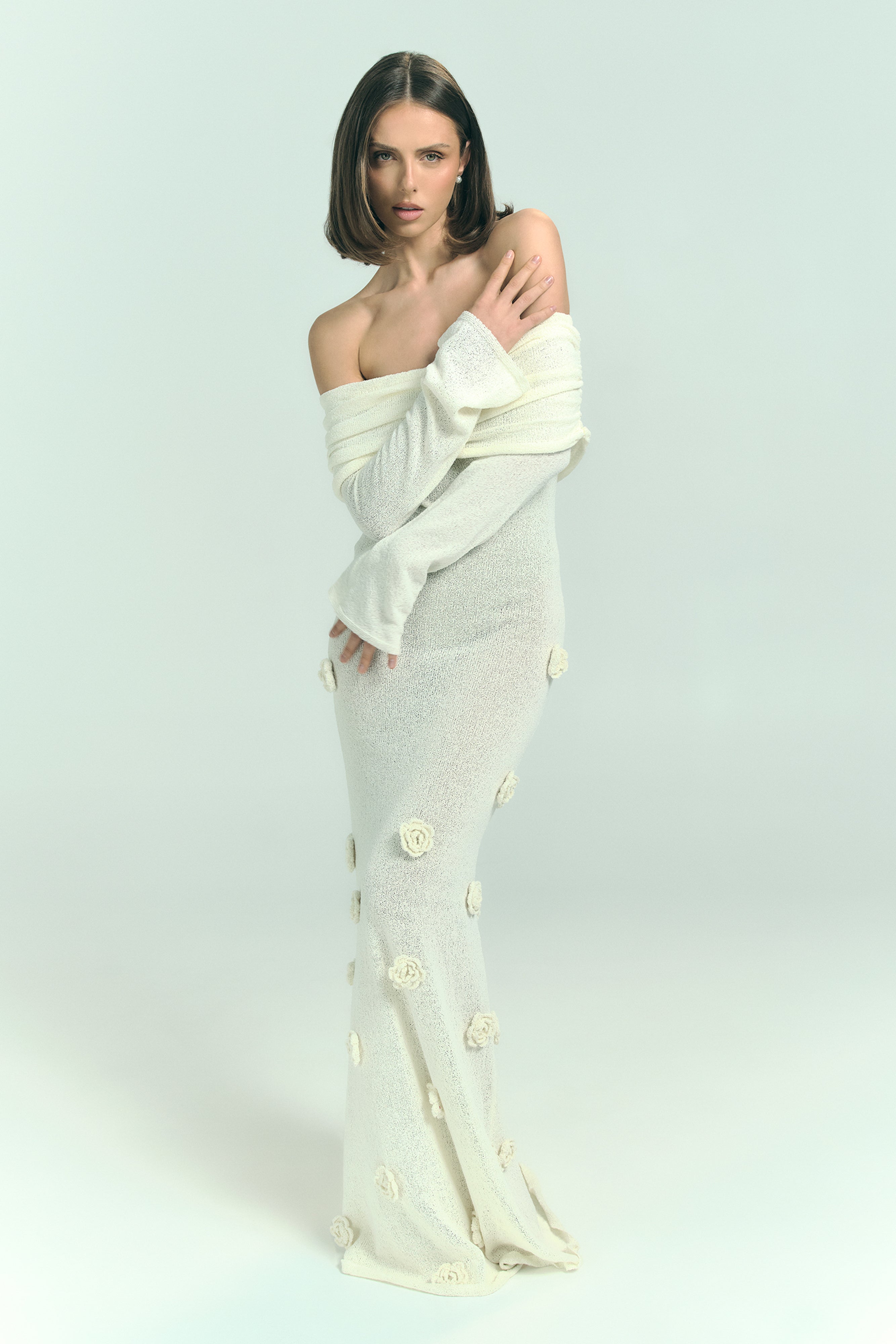 Off Shoulder Knit Maxi Dress with Rose Applique | Kiki Ivory