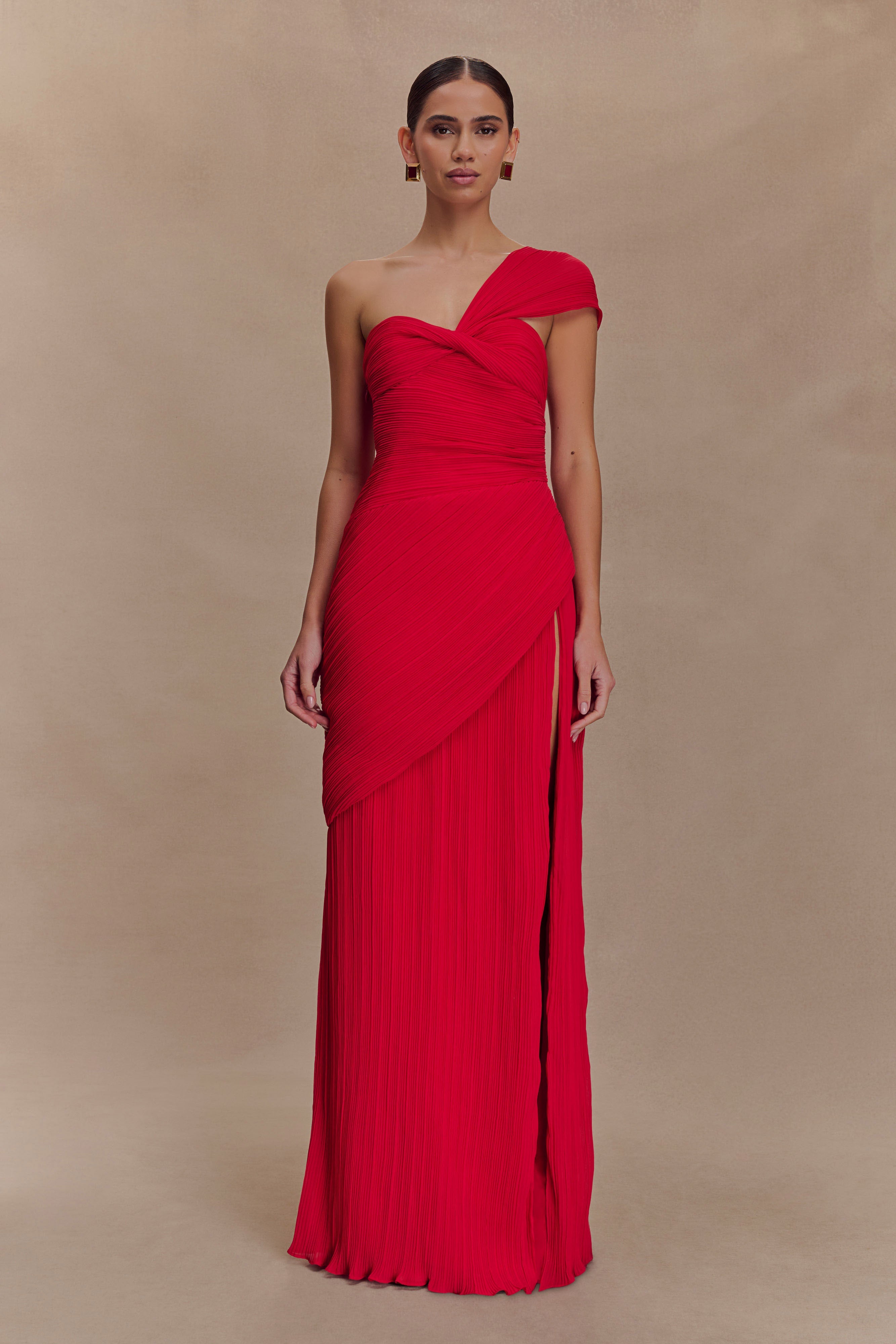 One-Shoulder Shirred Chiffon Midi Dress for Weddings | Alexandra Saint Mleux