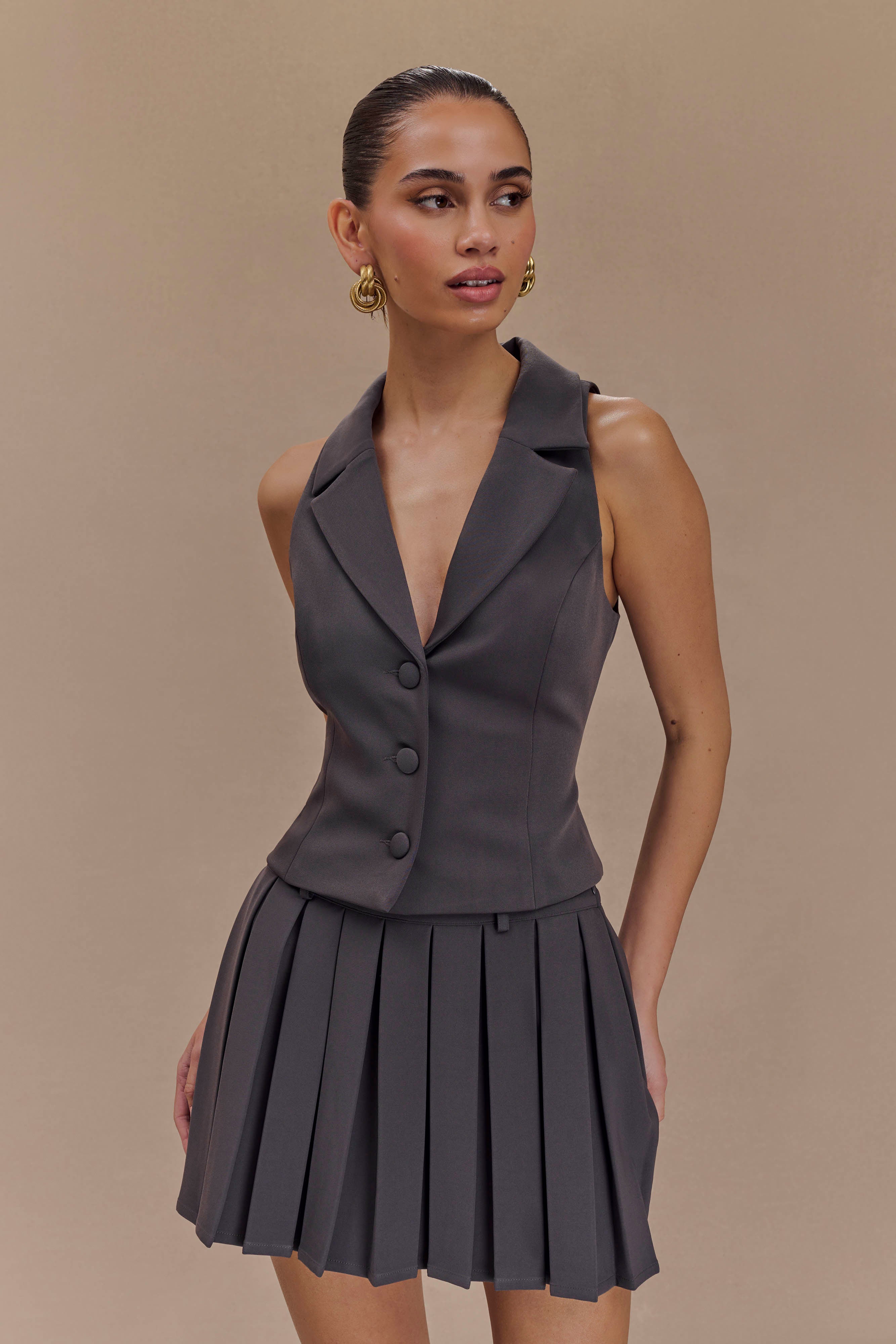 Charcoal Suiting Vest for Women | Mura Deep V-Neck & Functional Buttons