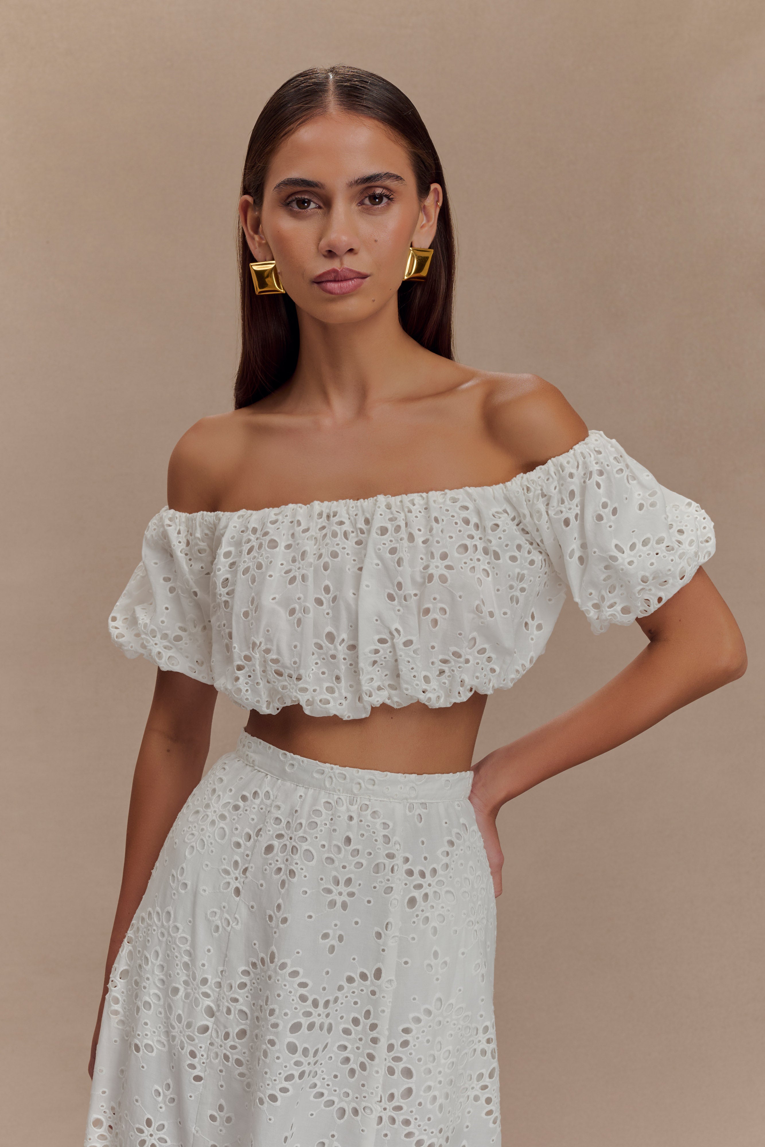 White Off-Shoulder Broderie Top with Puff Sleeves | Autumn