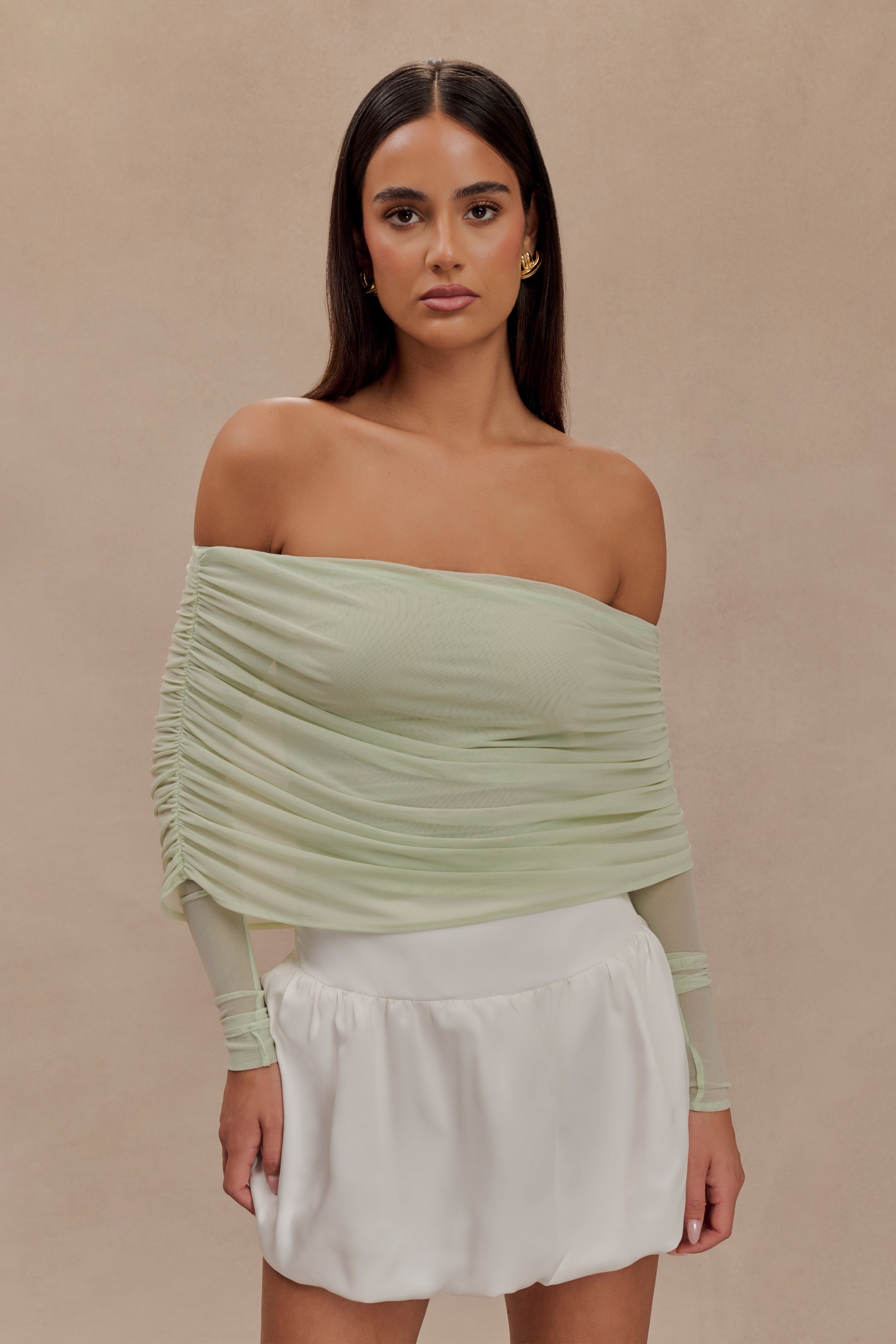 Everly Sheer Mesh Off Shoulder Top for Women | Pastel Green