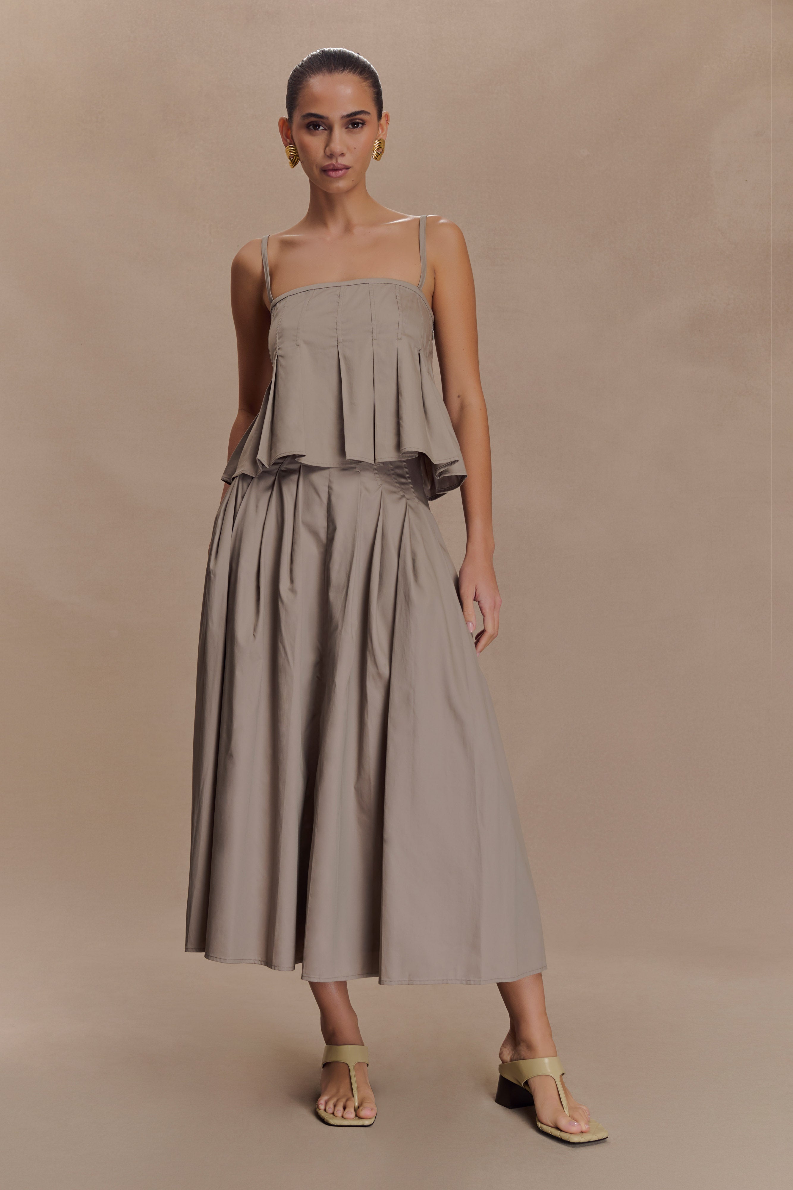 Pleated A-Line Midi Skirt with High Waist | Mae Pebble Brown