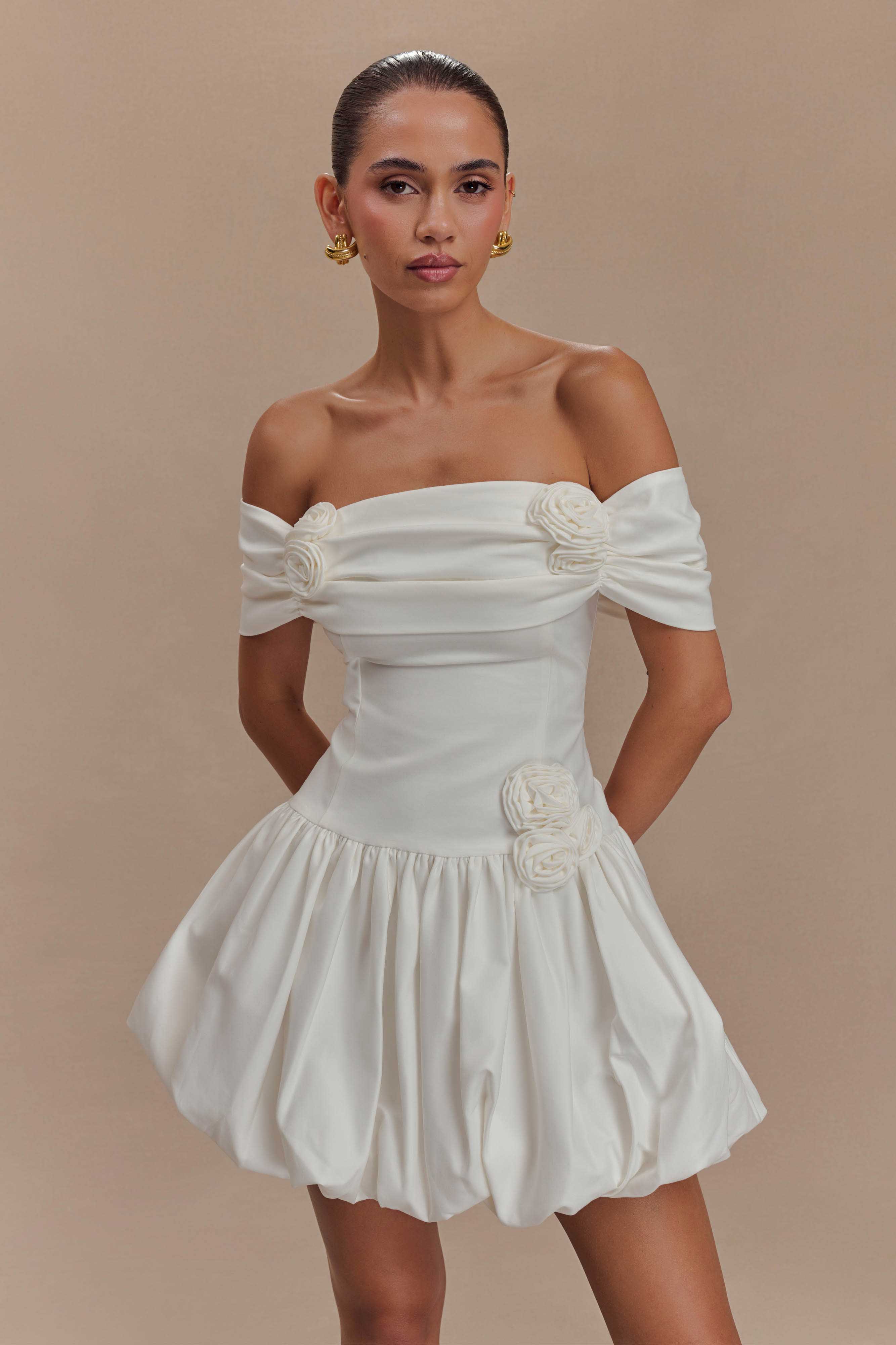 Off Shoulder Mini Dress with Ruched Bodice & Bubble Skirt | Giovanna