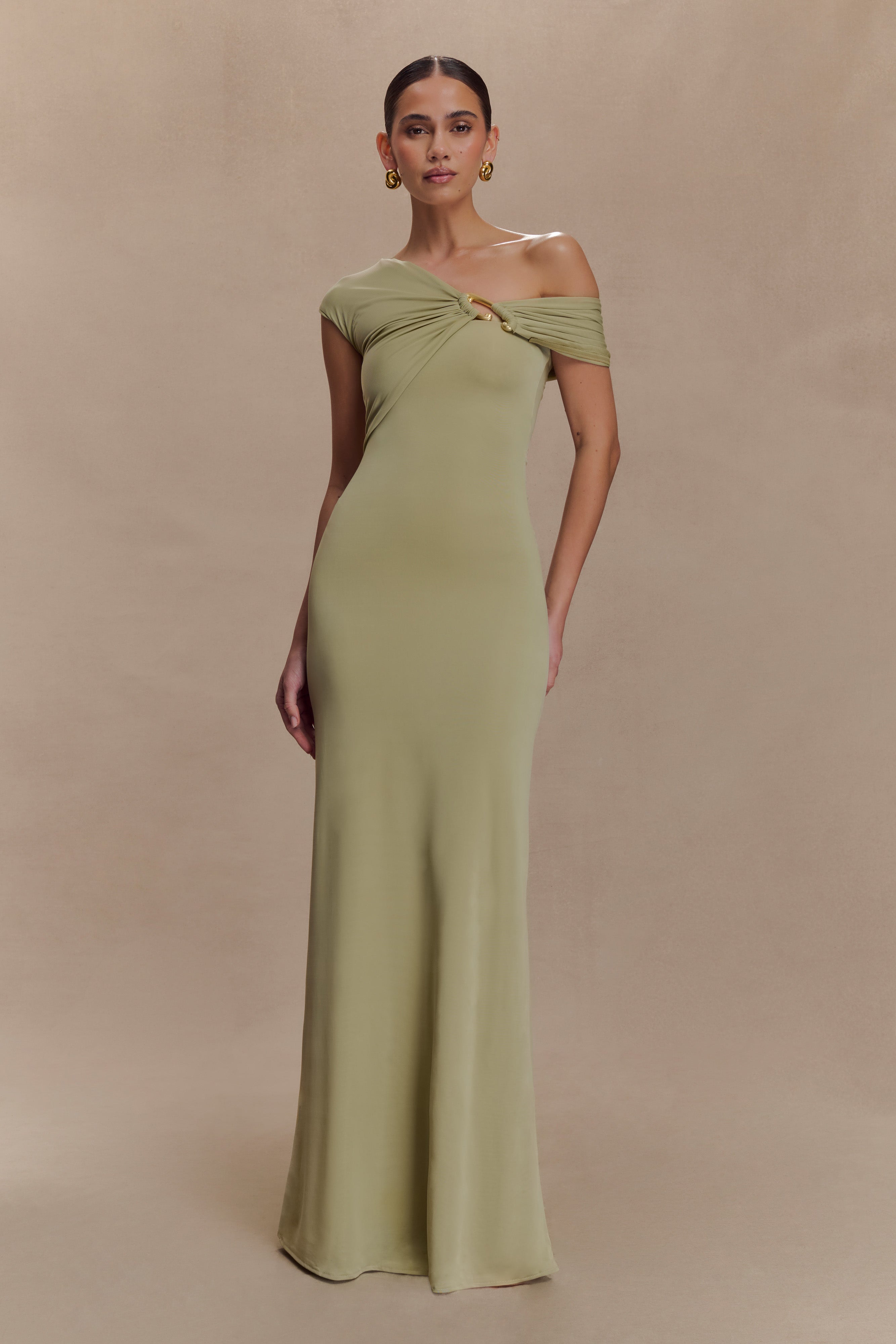 Off-Shoulder Slinky Maxi Dress with Bodycon Fit | Ashford