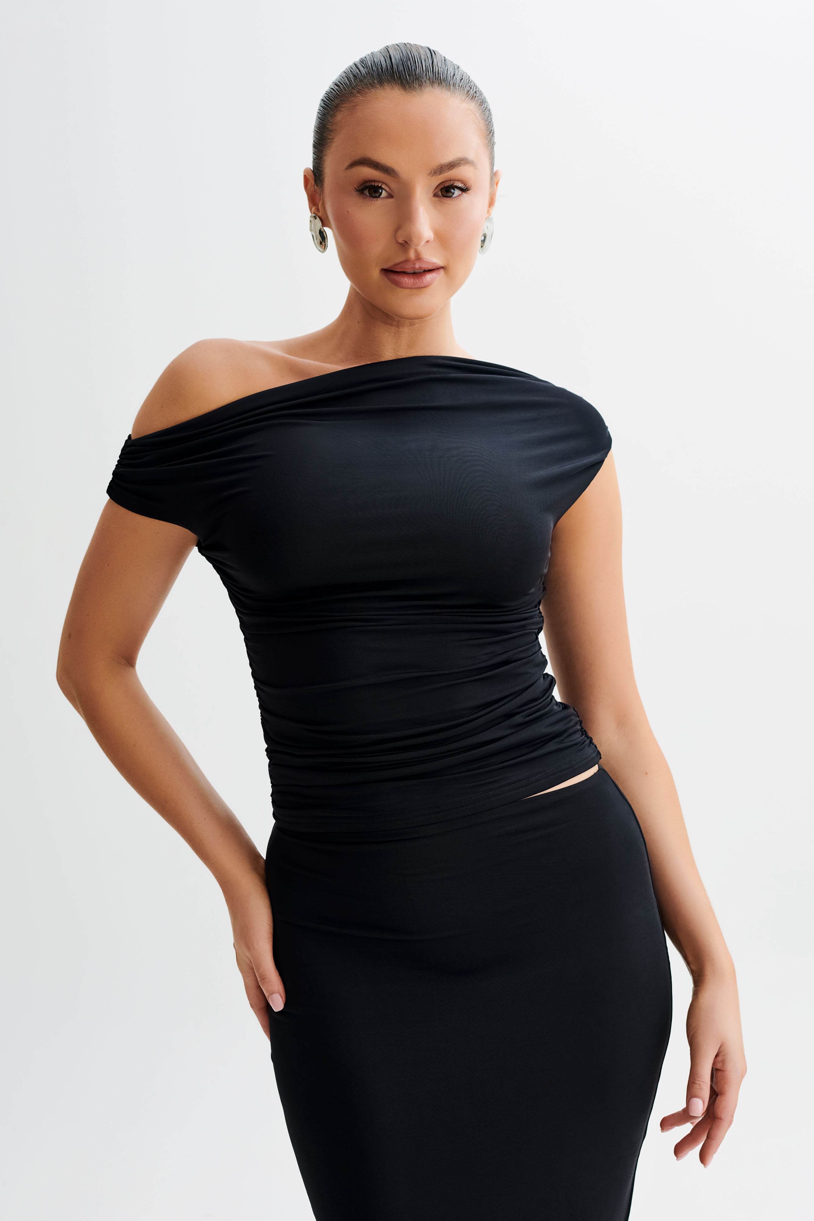Women's Slinky Ruched Top with Asymmetrical Neckline | Alayna Black
