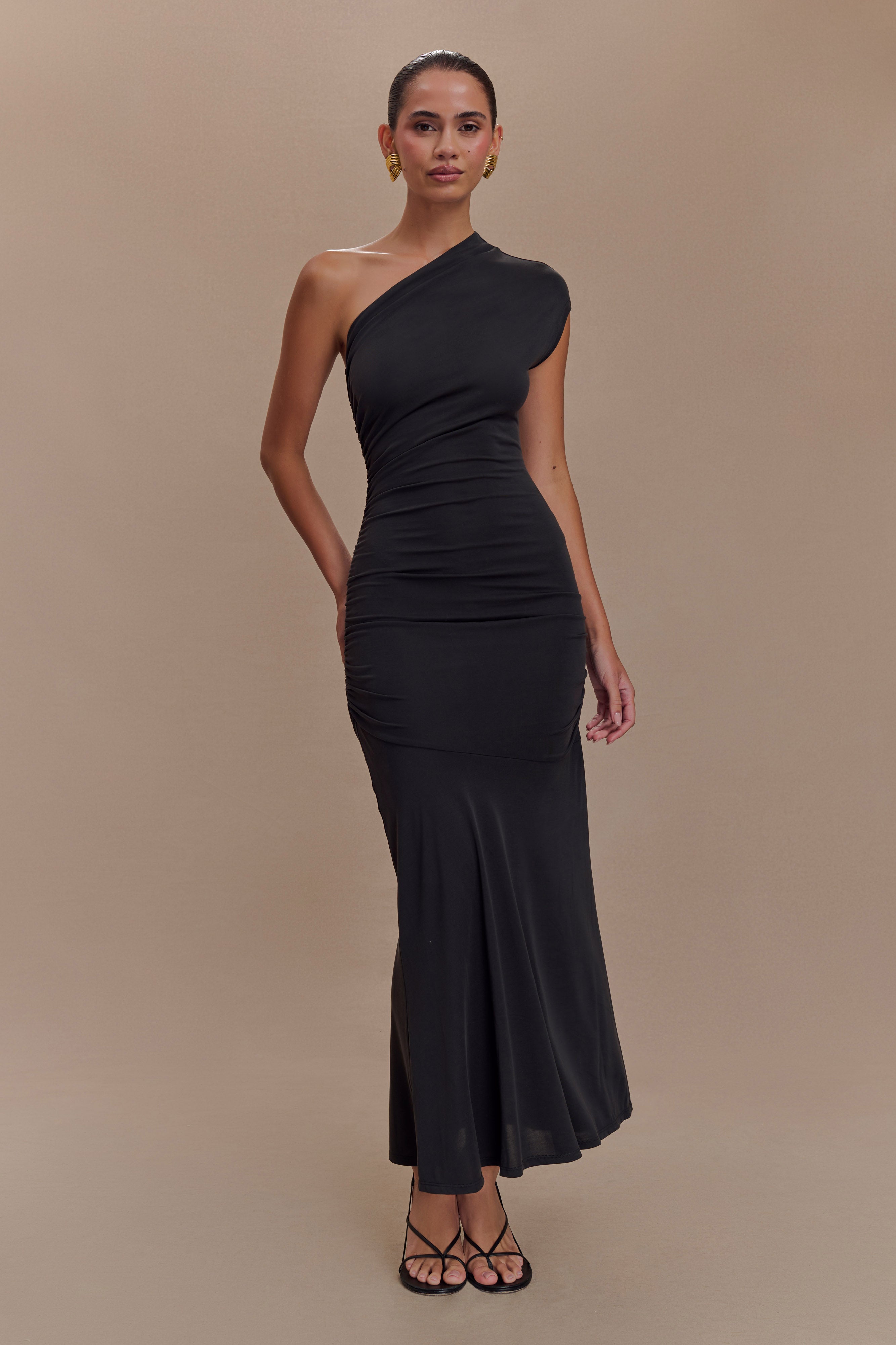 One Shoulder Midi Dress with Waist Ruching & Fishtail Hem | CHLOE Black