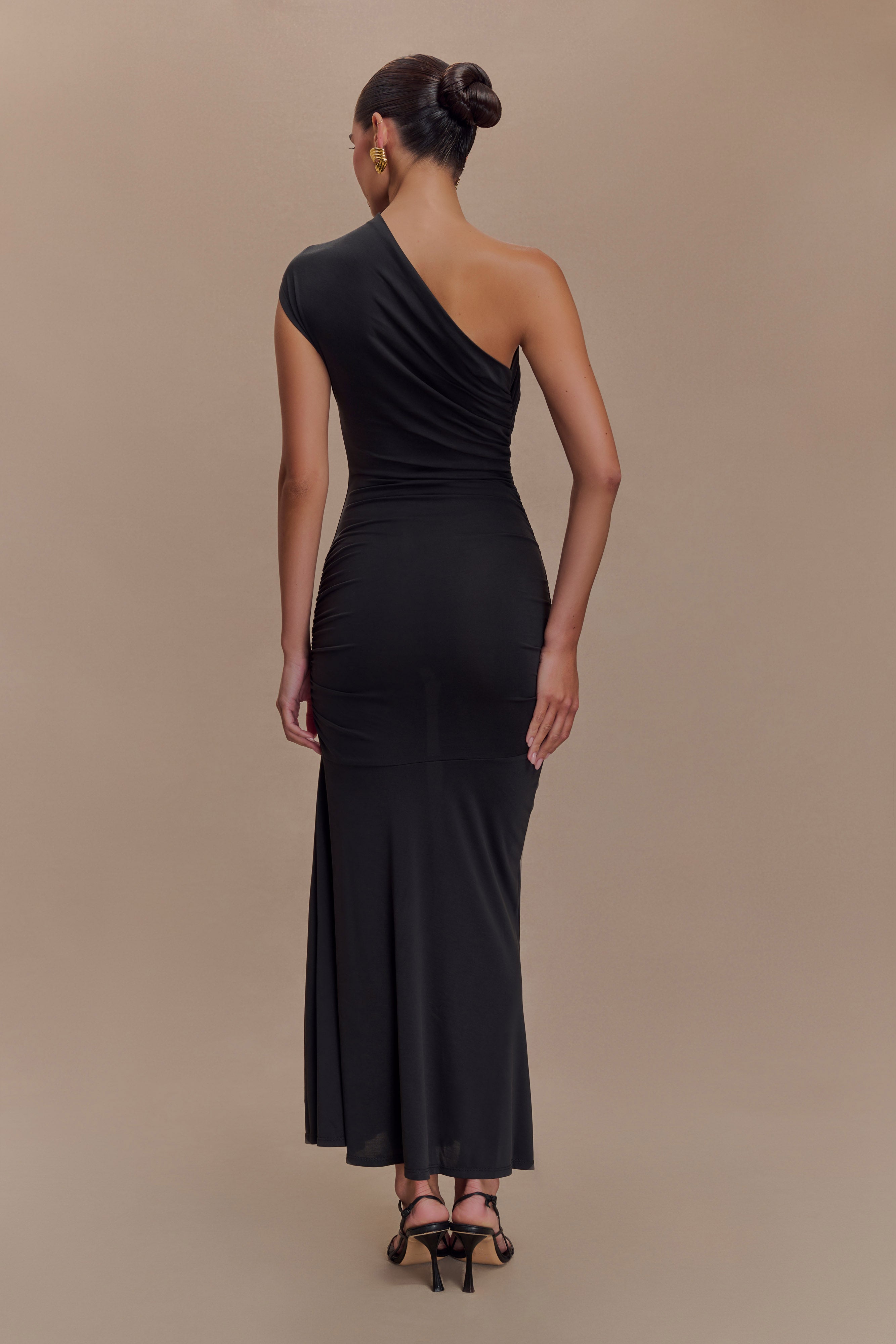 One Shoulder Midi Dress with Waist Ruching & Fishtail Hem | CHLOE Black