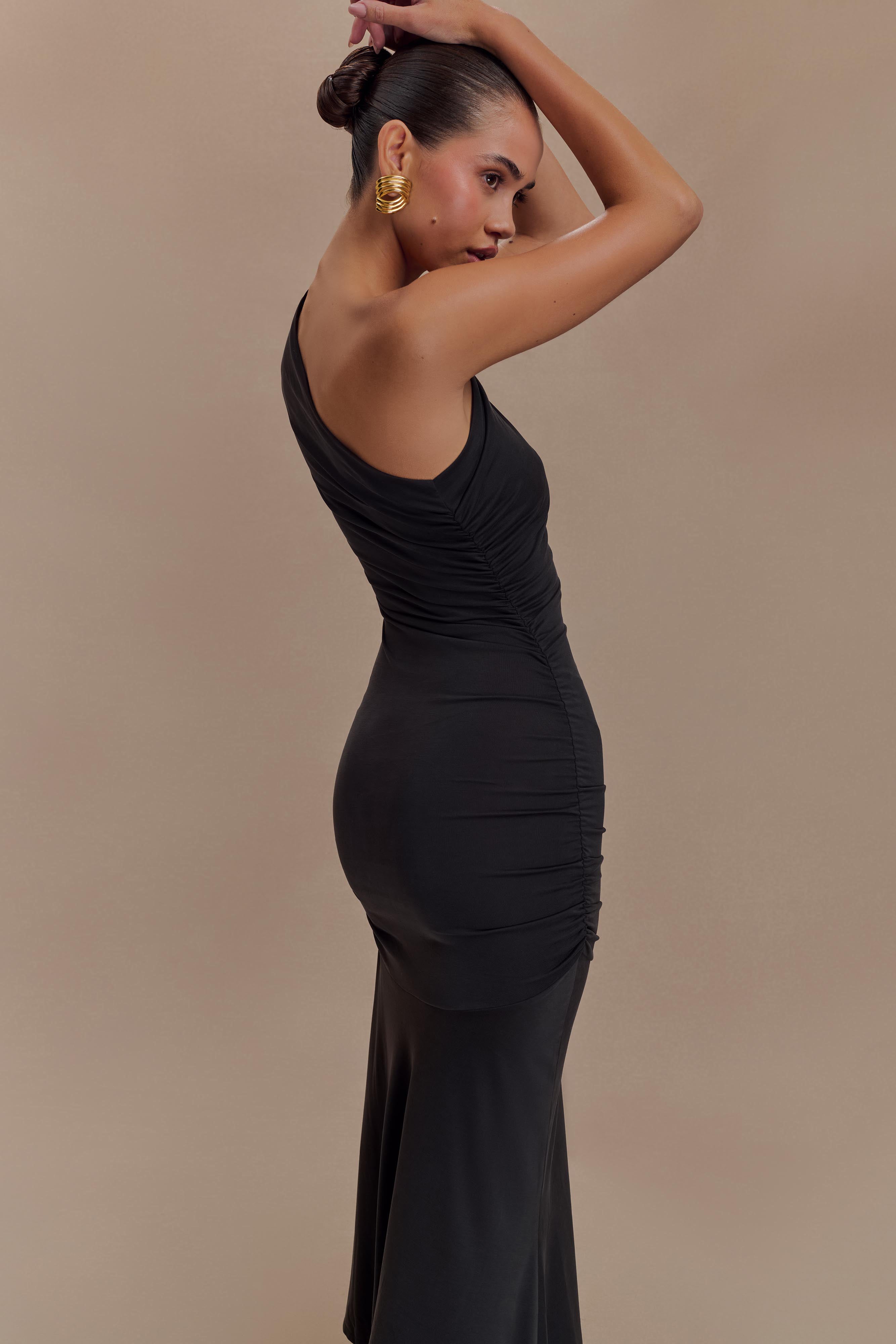 One Shoulder Midi Dress with Waist Ruching & Fishtail Hem | CHLOE Black