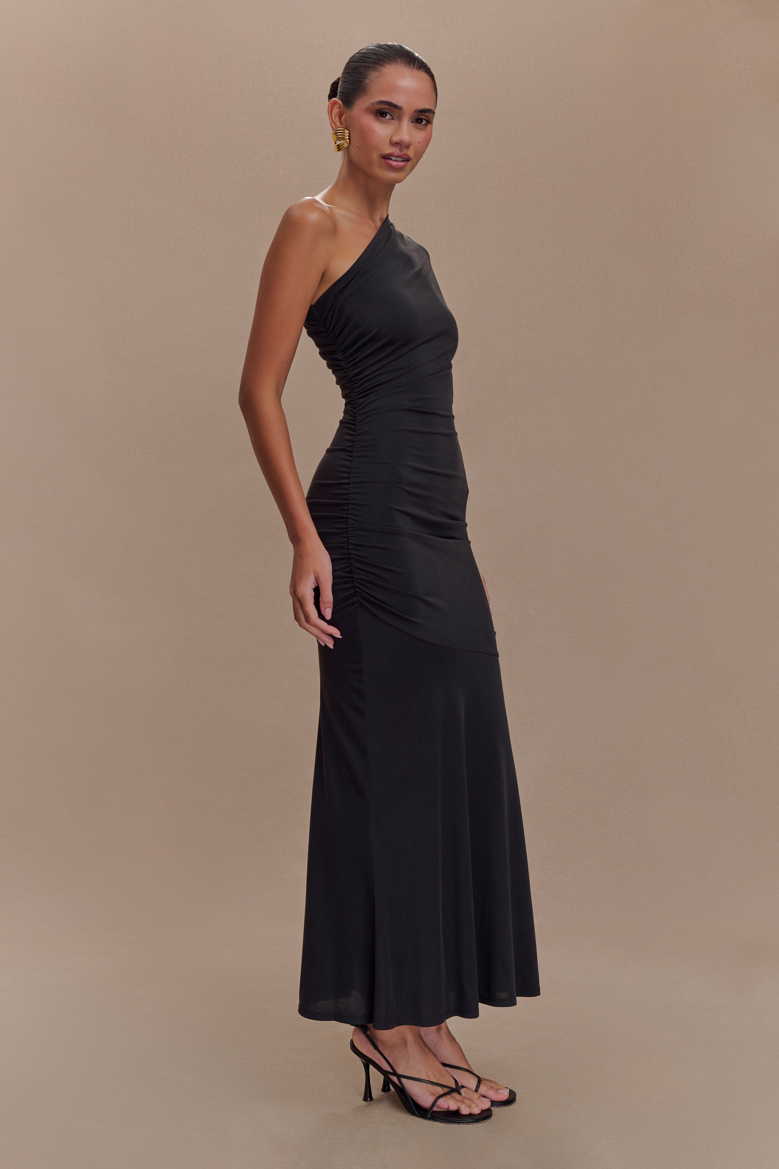 One Shoulder Midi Dress with Waist Ruching & Fishtail Hem | CHLOE Black