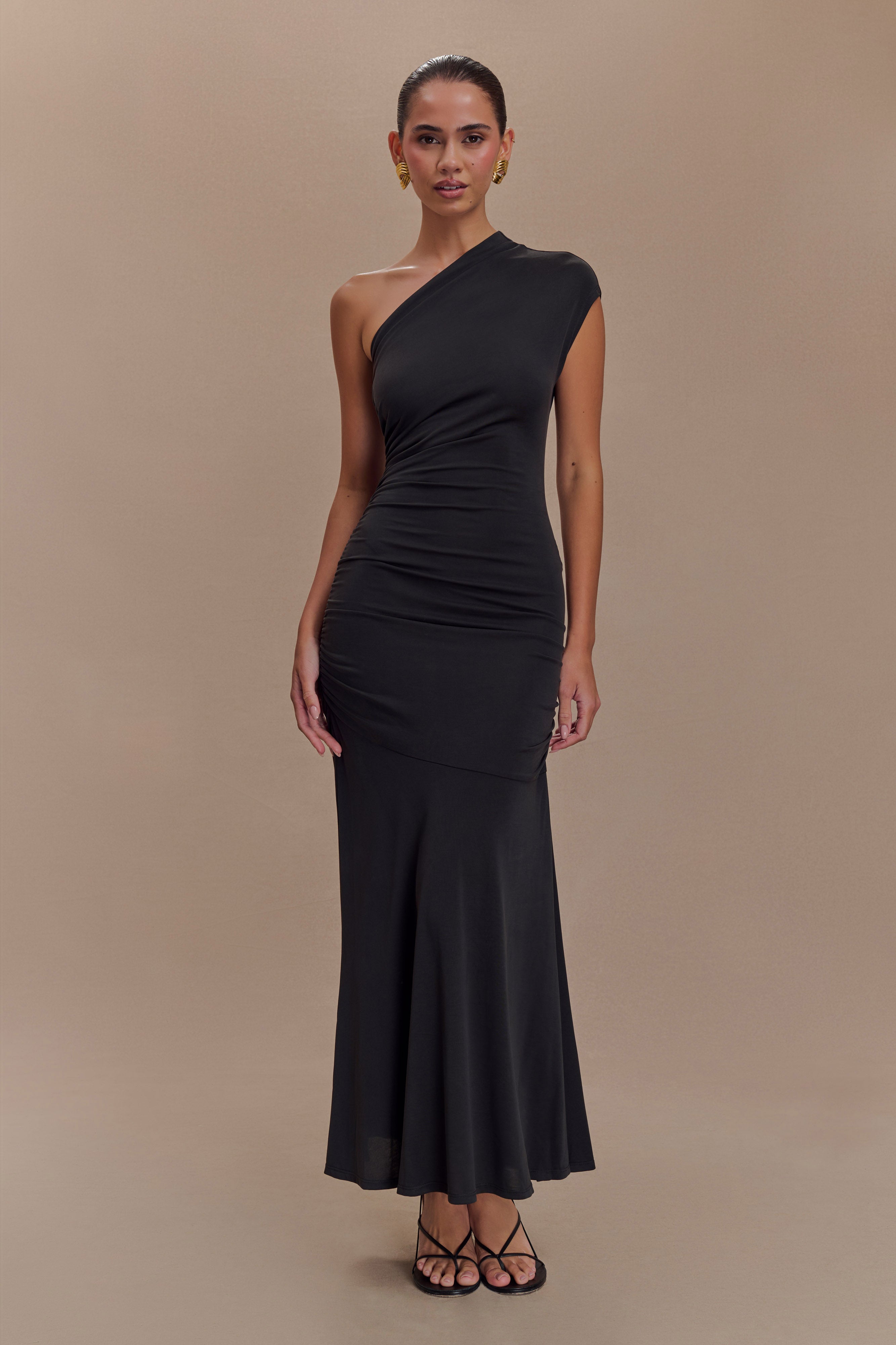 One Shoulder Midi Dress with Waist Ruching & Fishtail Hem | CHLOE Black