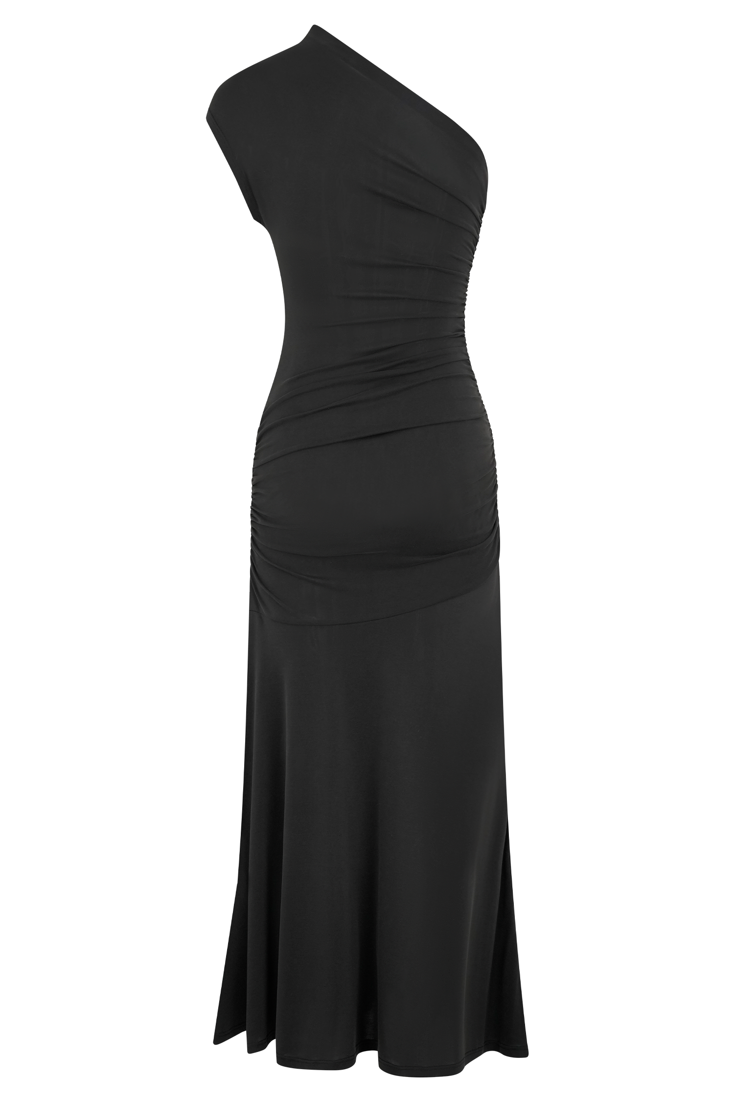 One Shoulder Midi Dress with Waist Ruching & Fishtail Hem | CHLOE Black
