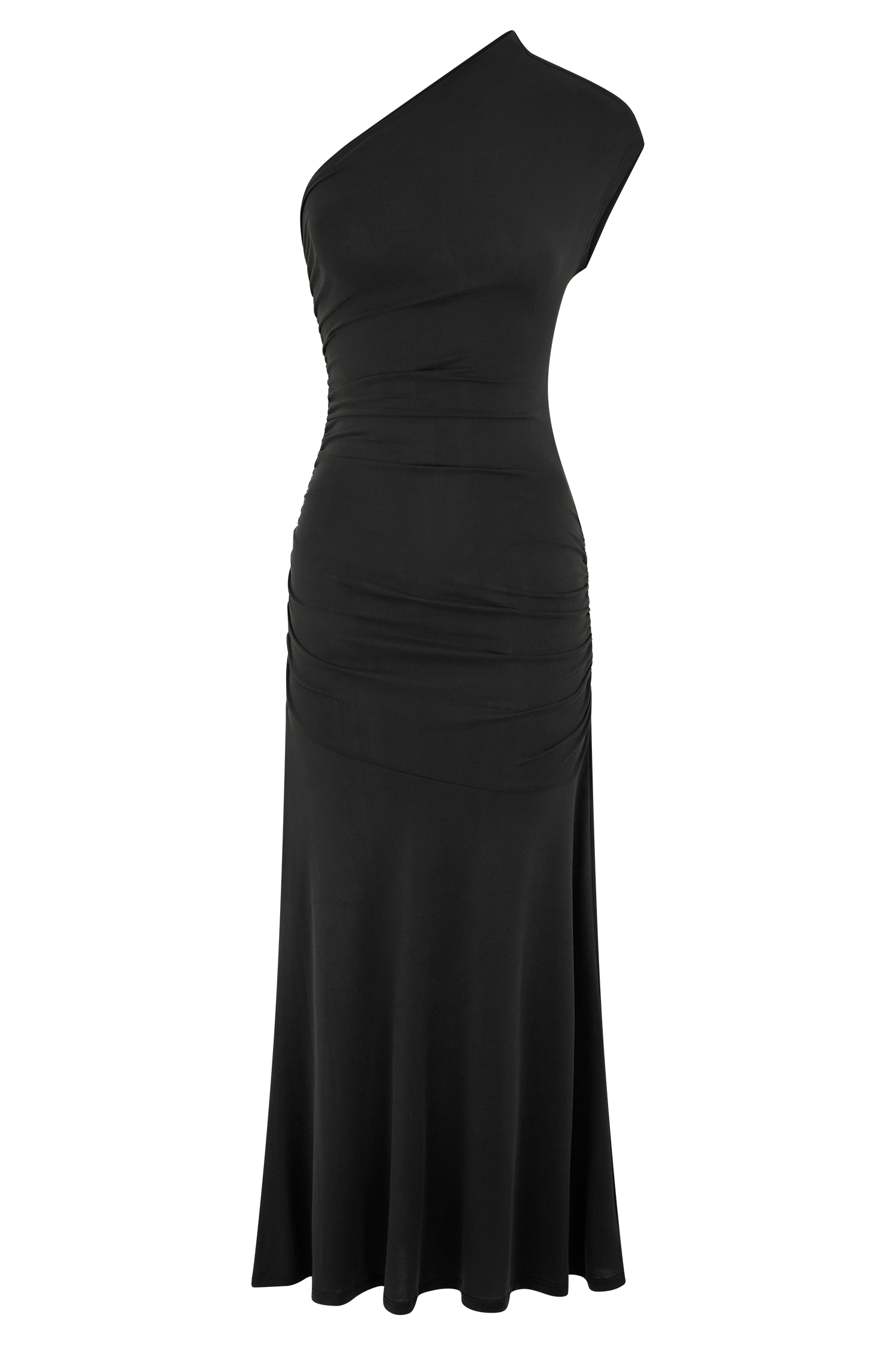 One Shoulder Midi Dress with Waist Ruching & Fishtail Hem | CHLOE Black