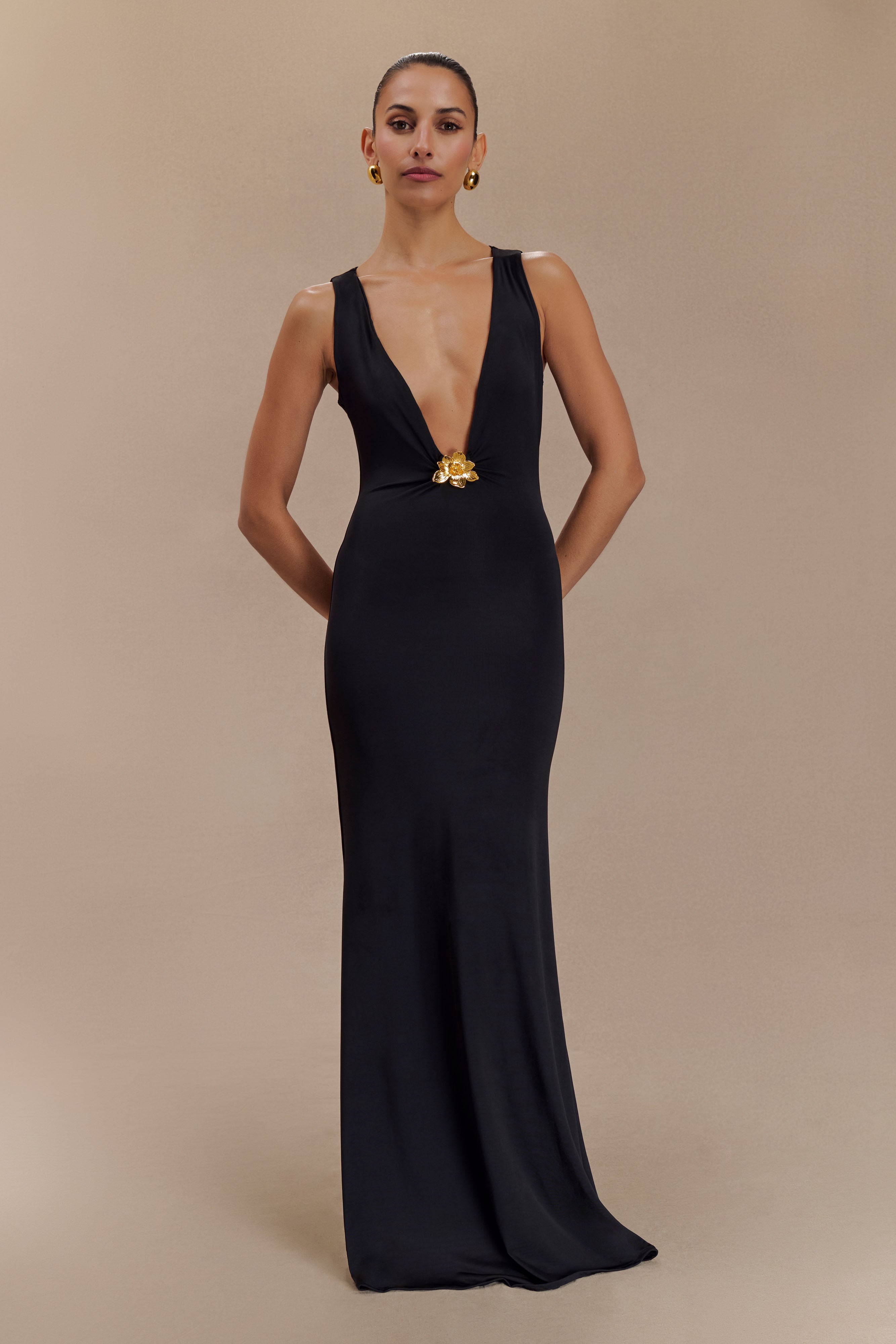 Plunge Maxi Dress with Floral Hardware & Fishtail Hem | BECK