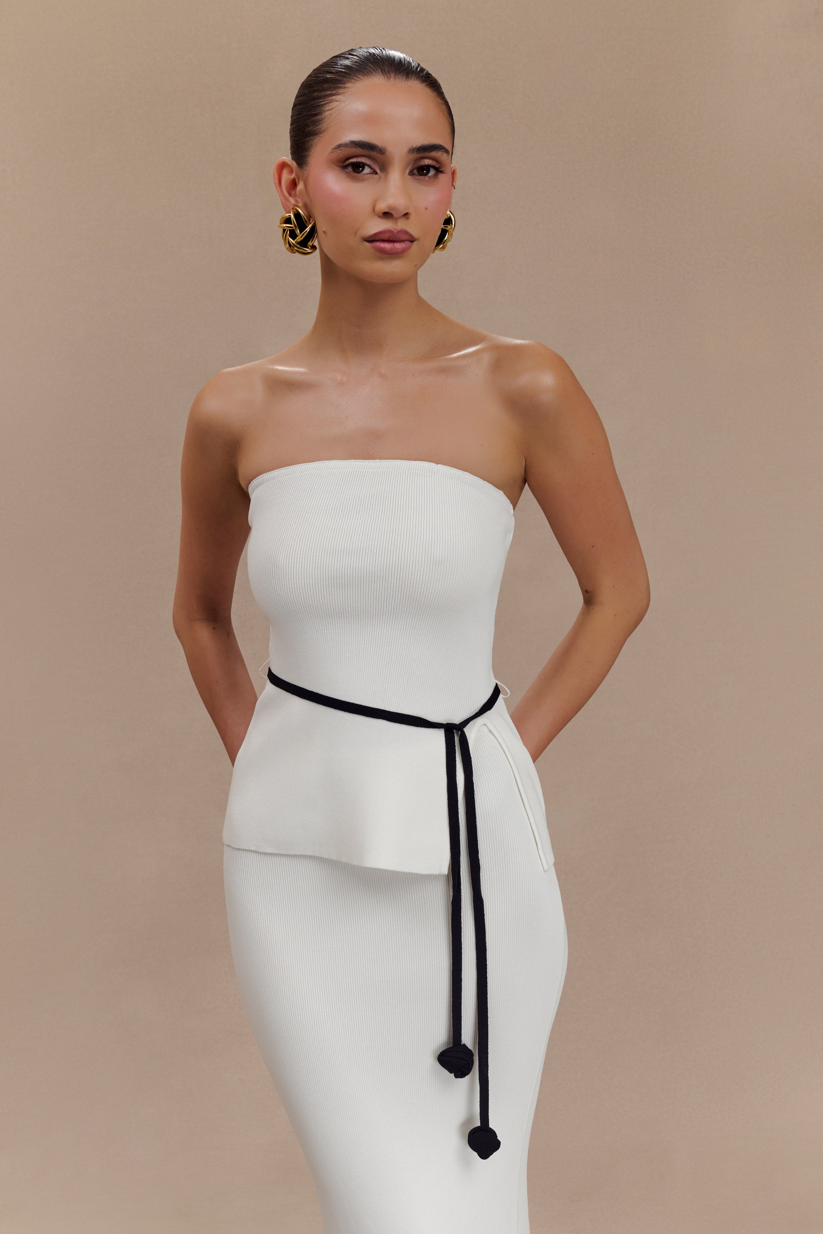 Strapless Knit Top with Rose Tie Detail | Keaton White & Black