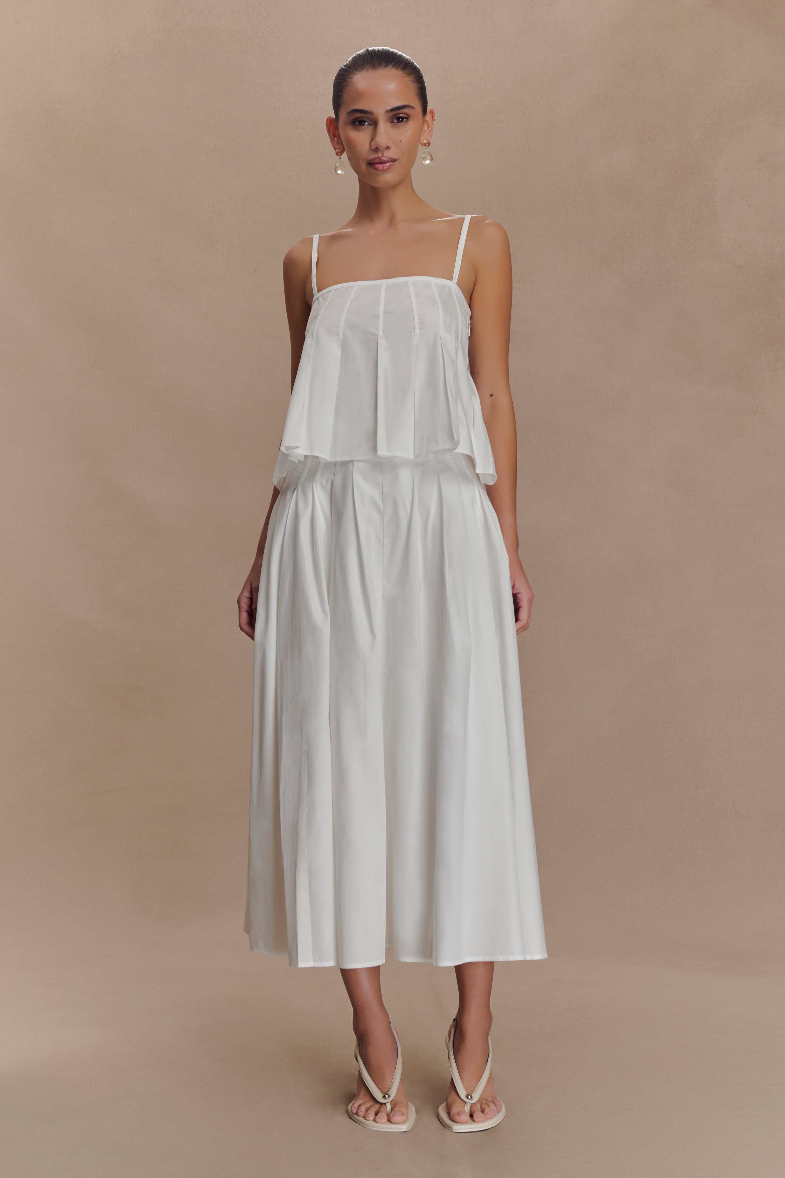 White A-Line Midi Skirt with Pleated Waistband | Mae
