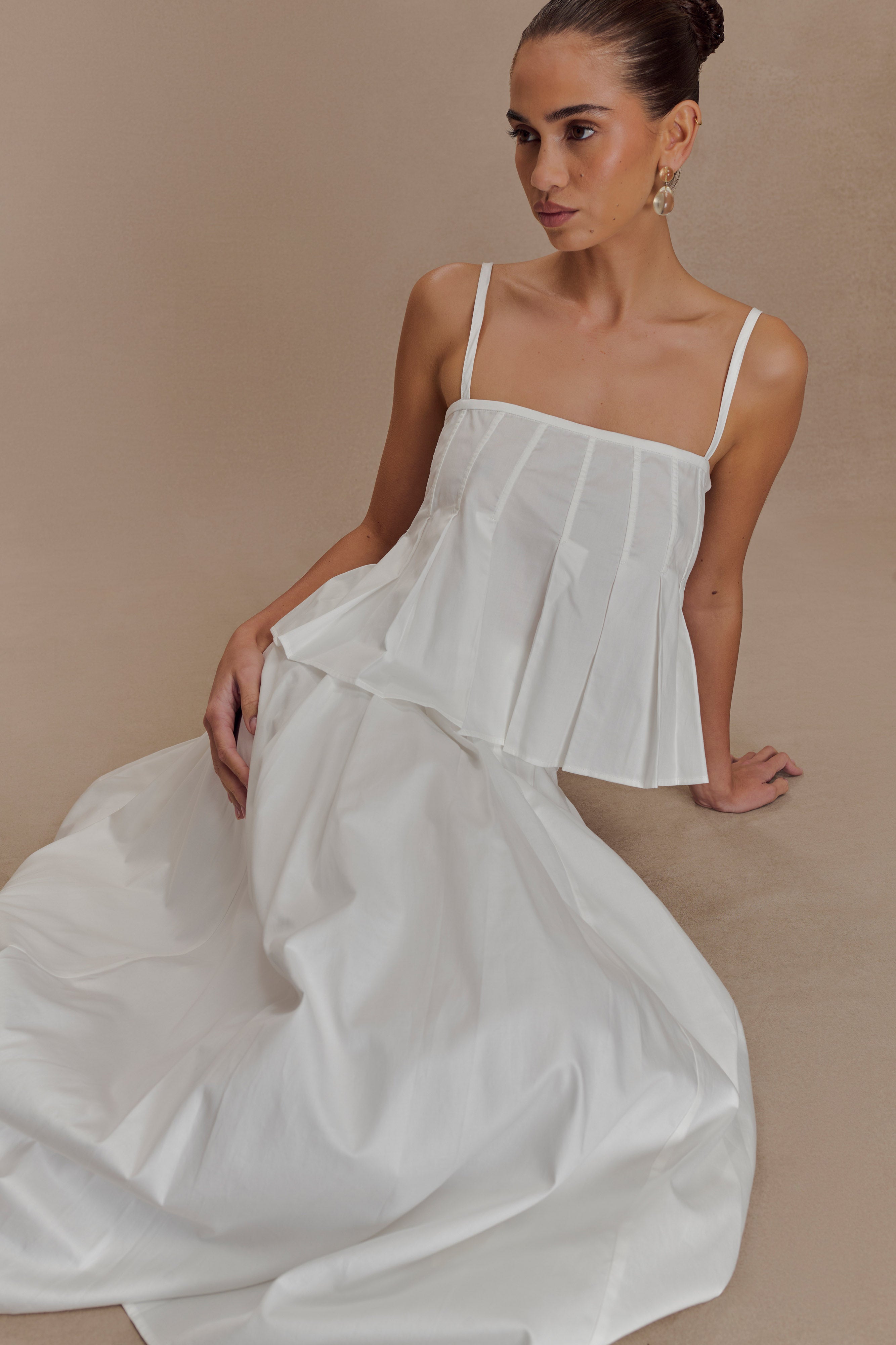 White A-Line Midi Skirt with Pleated Waistband | Mae