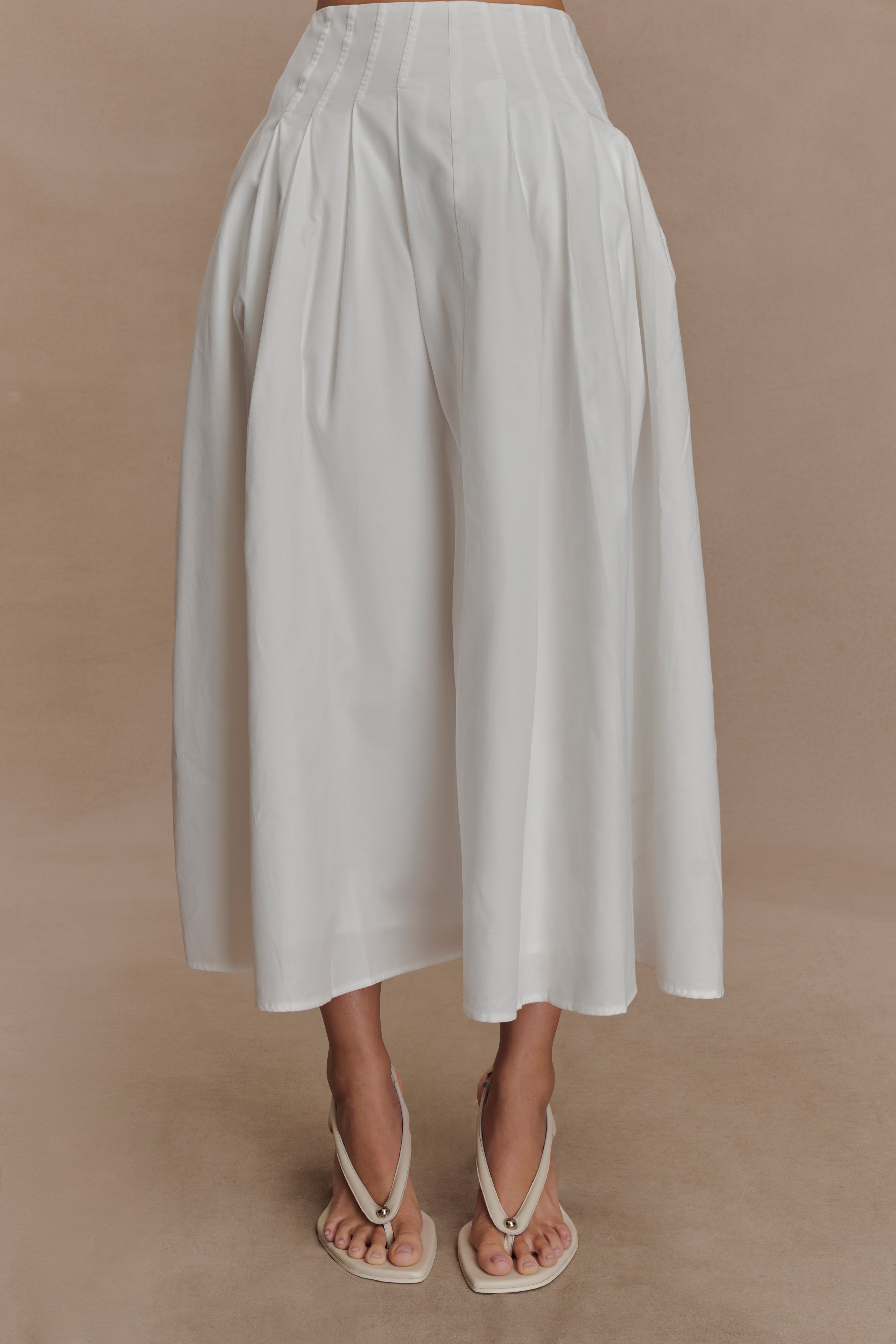 White A-Line Midi Skirt with Pleated Waistband | Mae