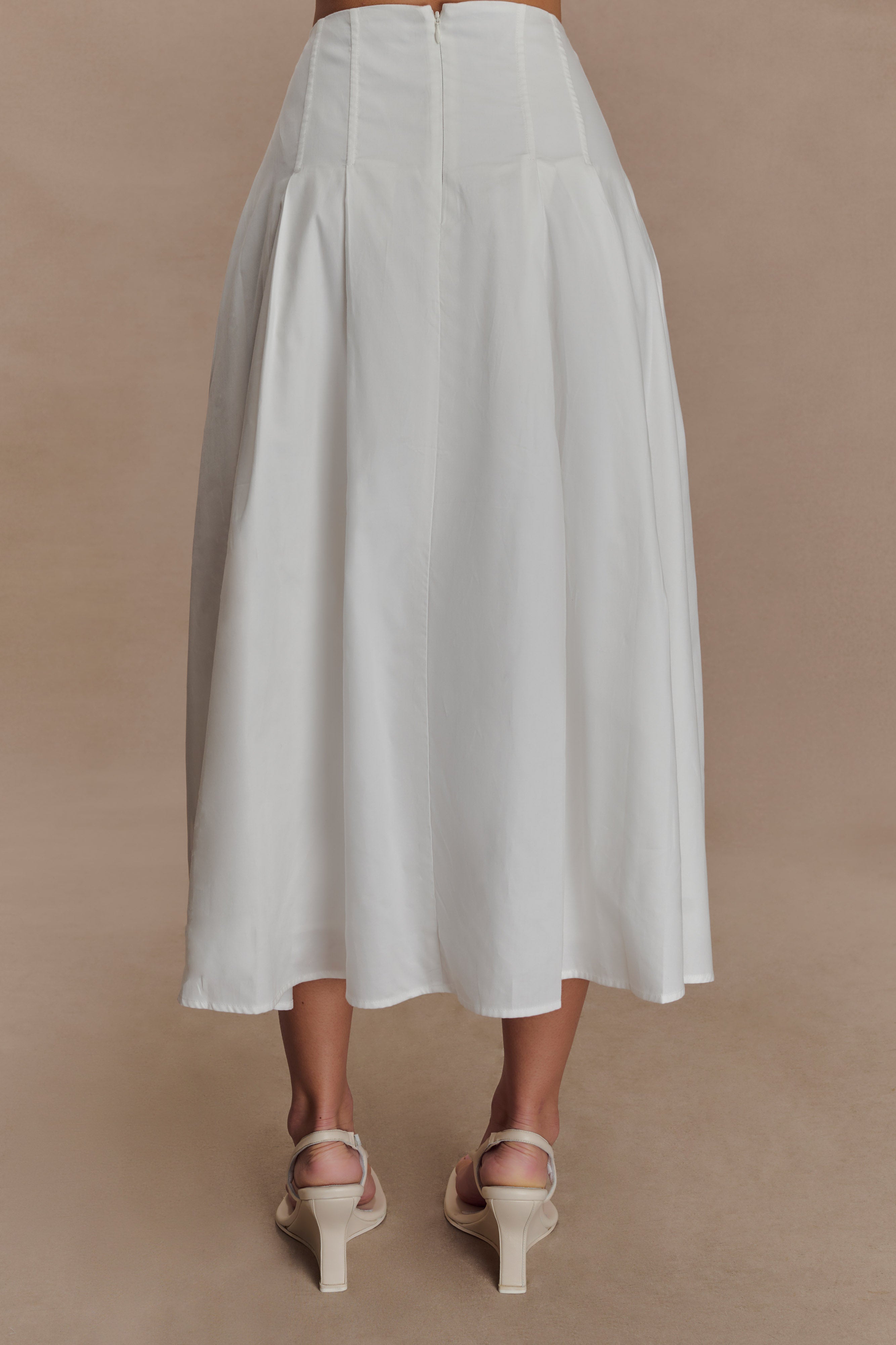 White A-Line Midi Skirt with Pleated Waistband | Mae