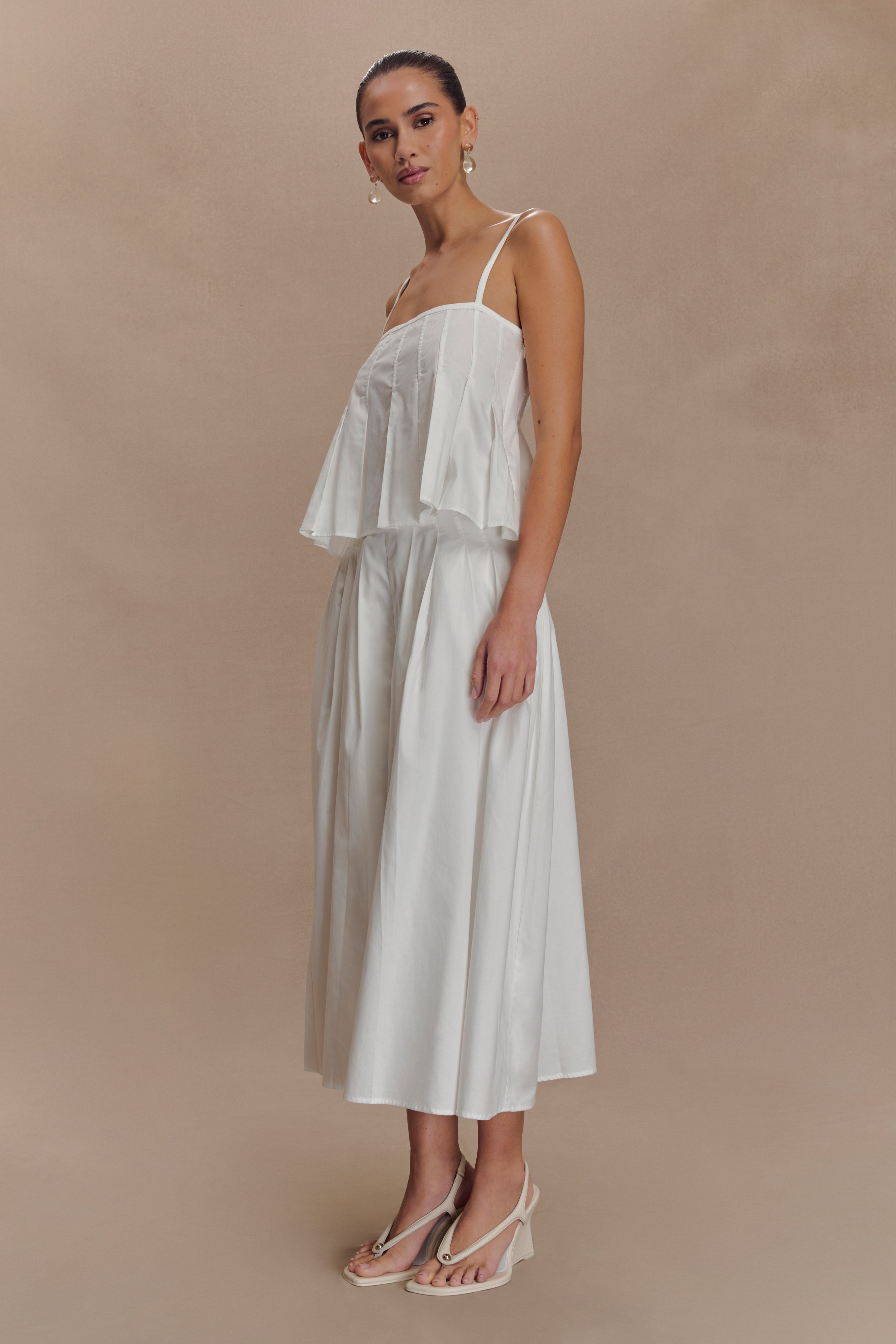 White A-Line Midi Skirt with Pleated Waistband | Mae