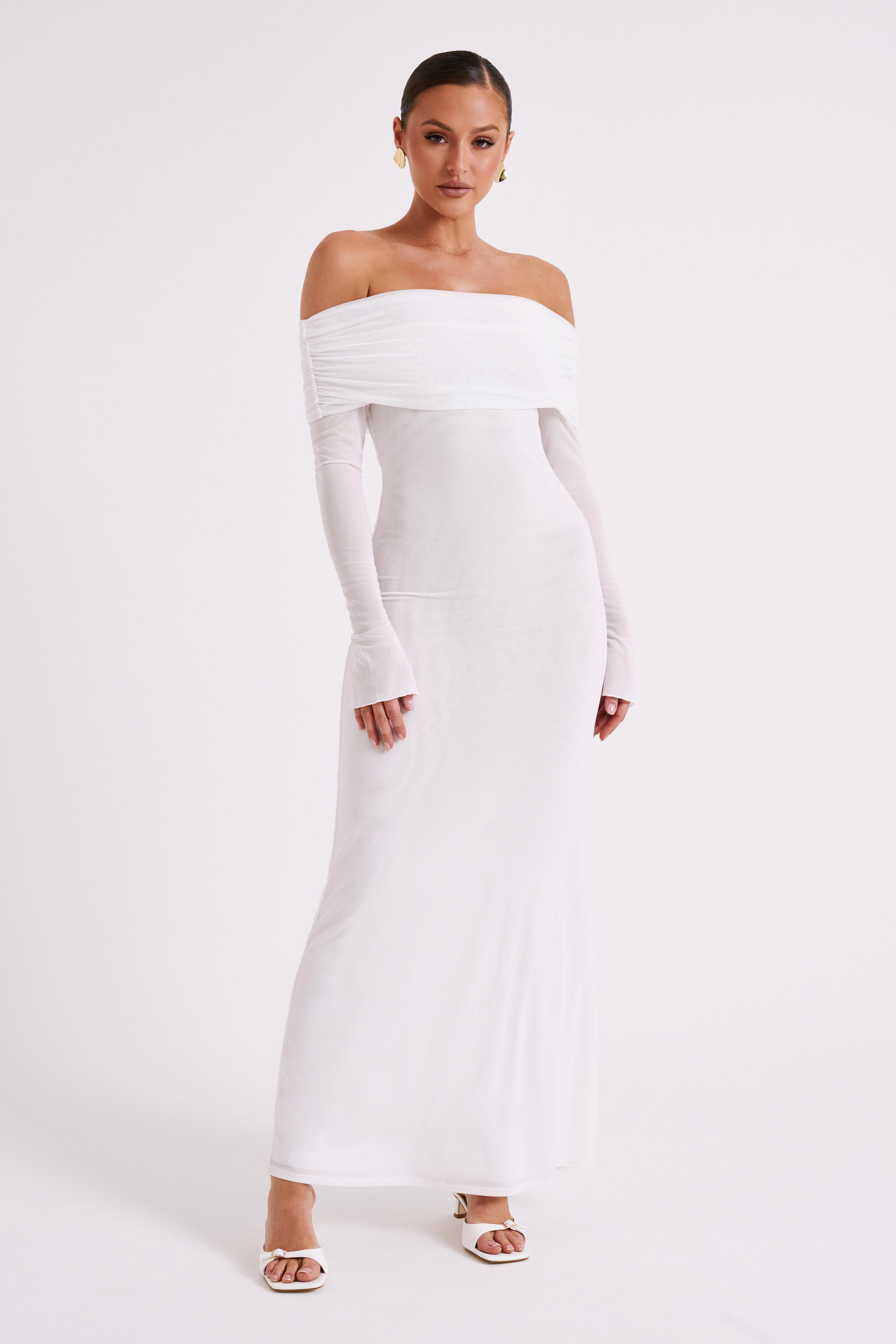 Off Shoulder Mesh Maxi Dress with Long Sleeves | Josie Ivory