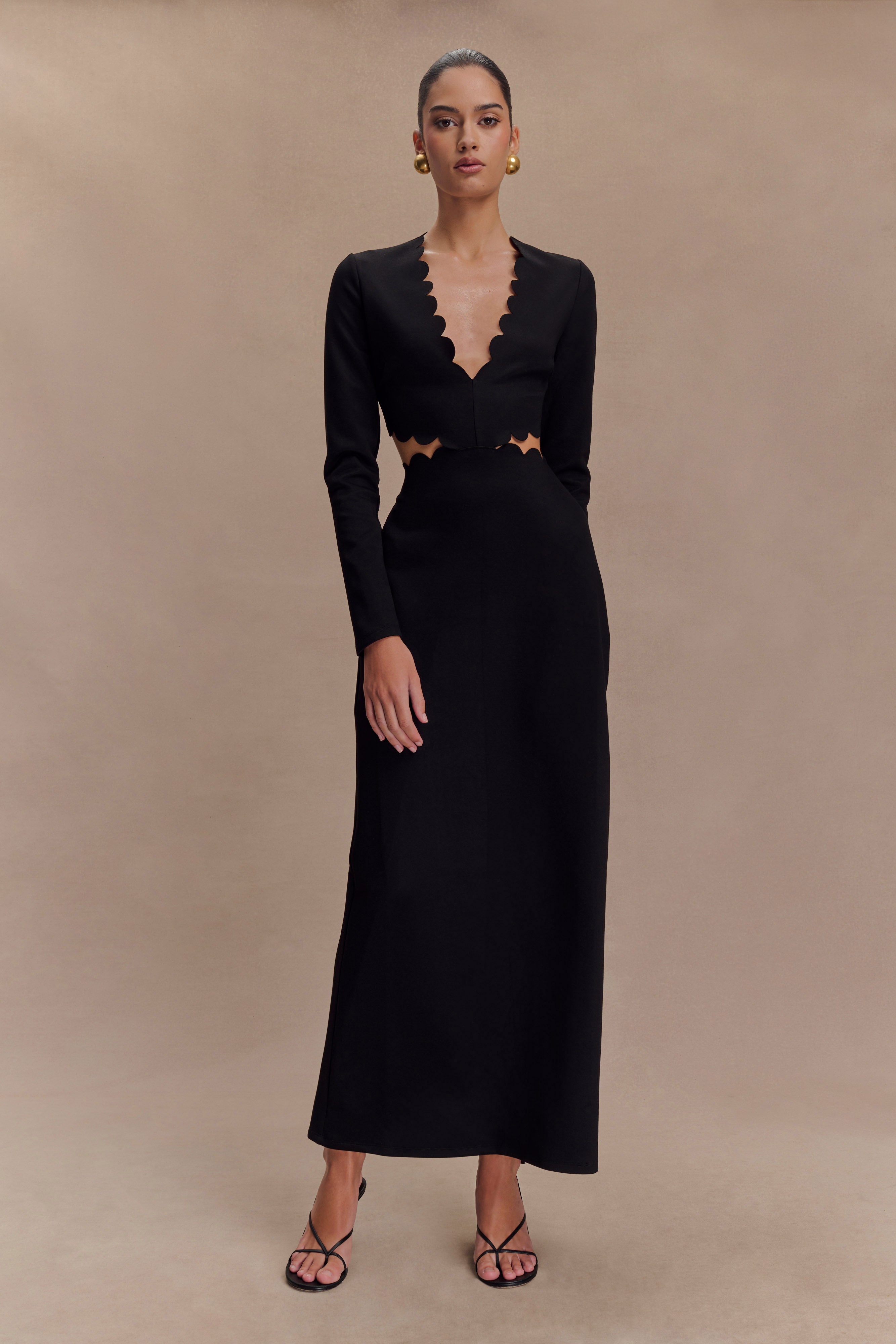 Scalloped Halter Maxi Dress with V Neck & Cutouts | Cynthia