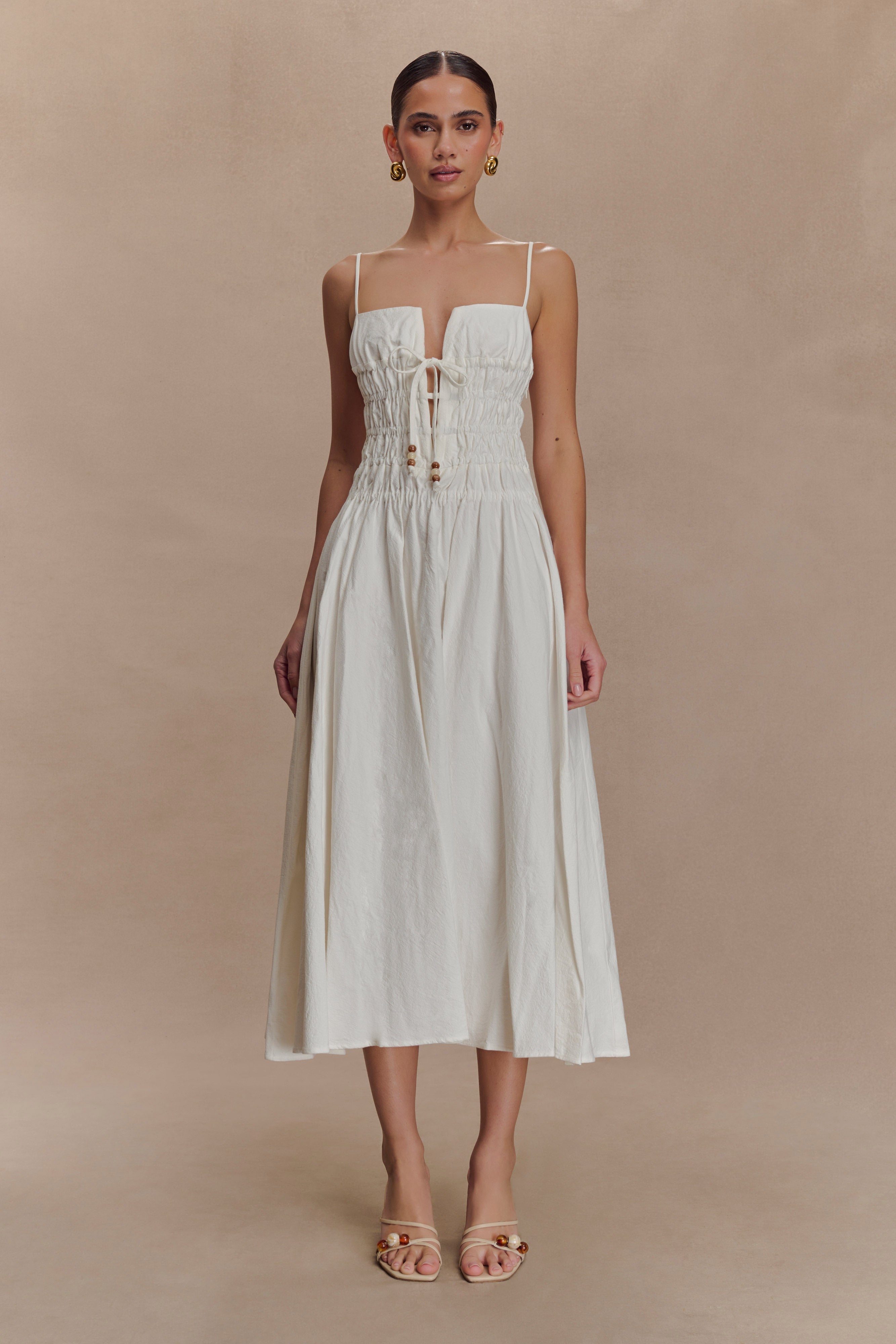 Shirred Cotton Midi Dress with Adjustable Straps | Elias