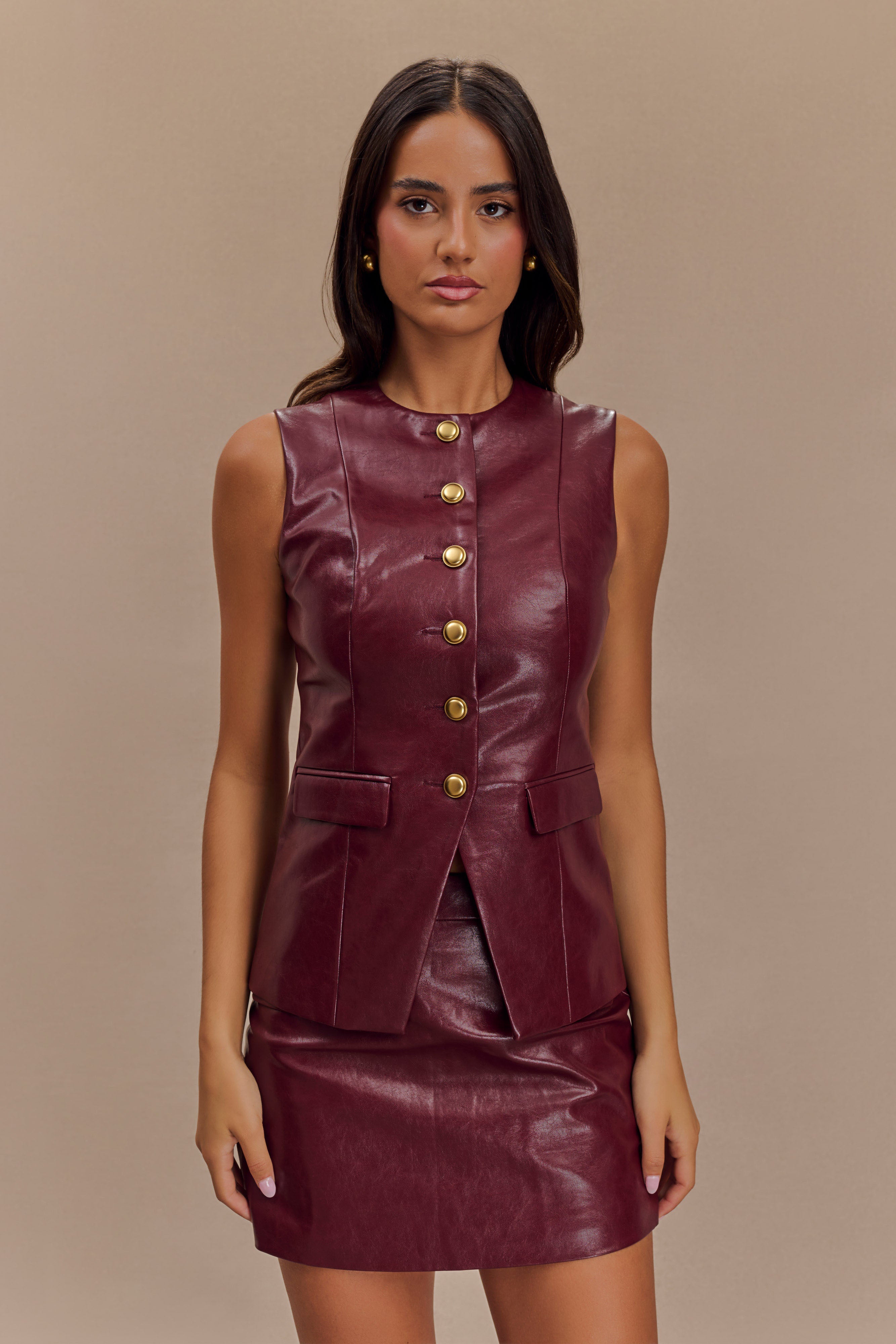 Faux Leather Sleeveless Vest for Women | Coralia Cherry Red