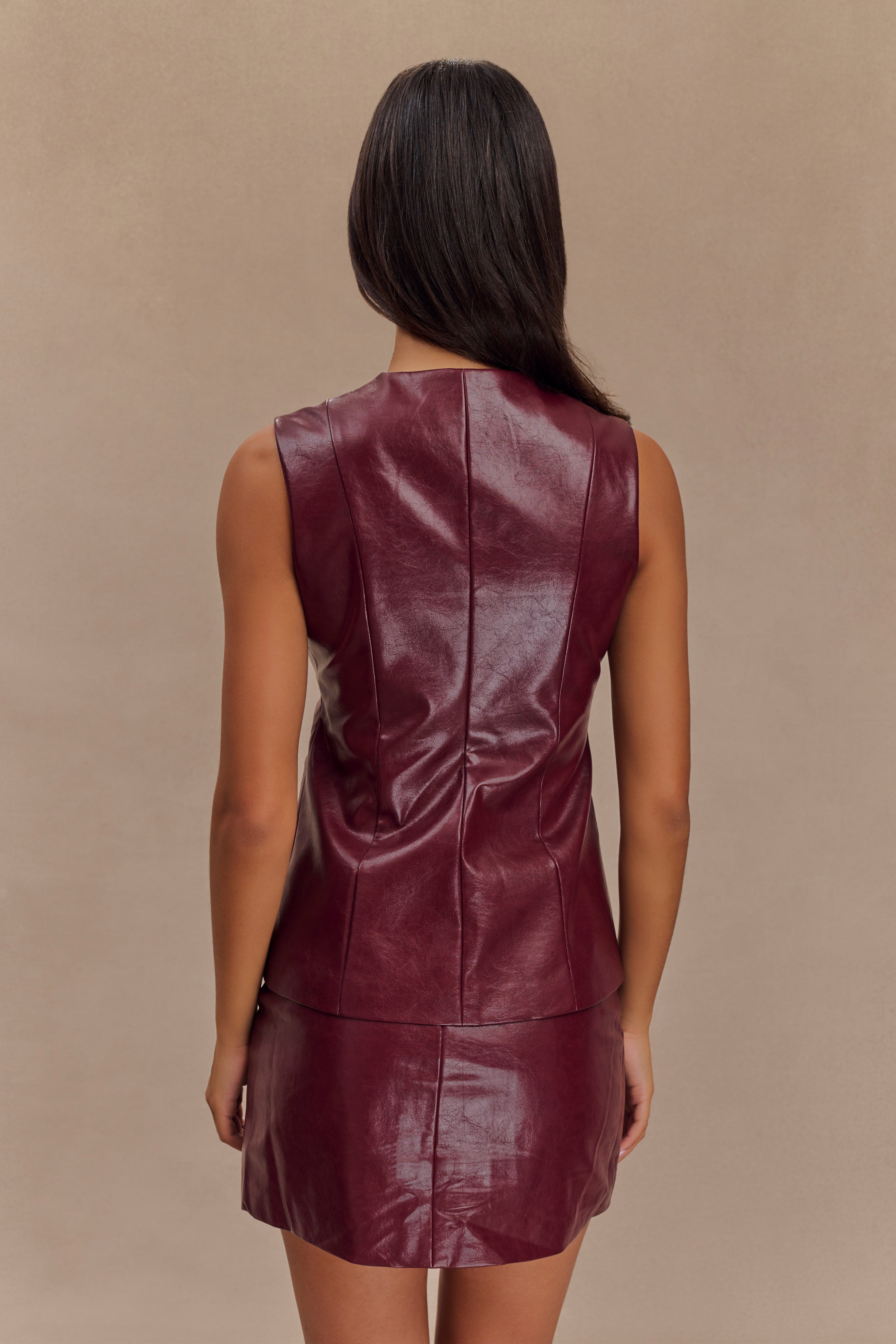 Faux Leather Sleeveless Vest for Women | Coralia Cherry Red