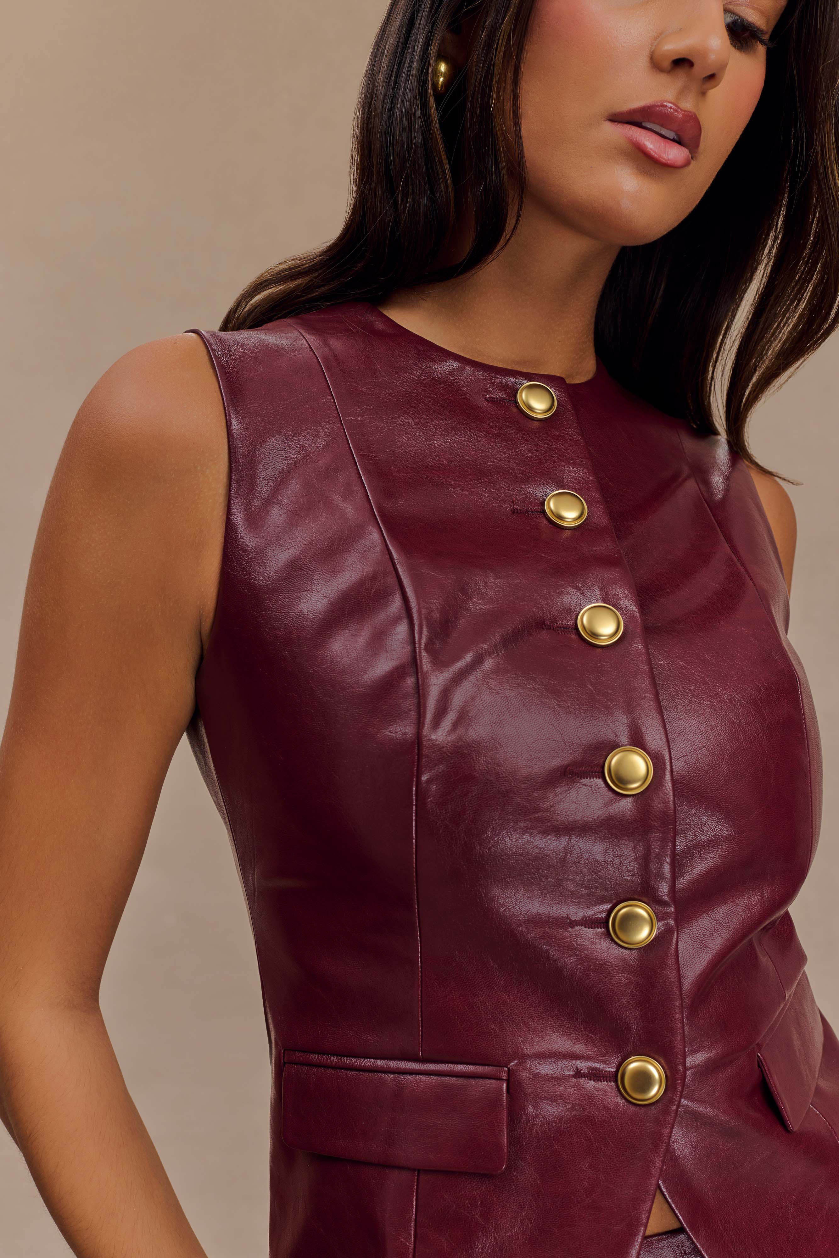 Faux Leather Sleeveless Vest for Women | Coralia Cherry Red