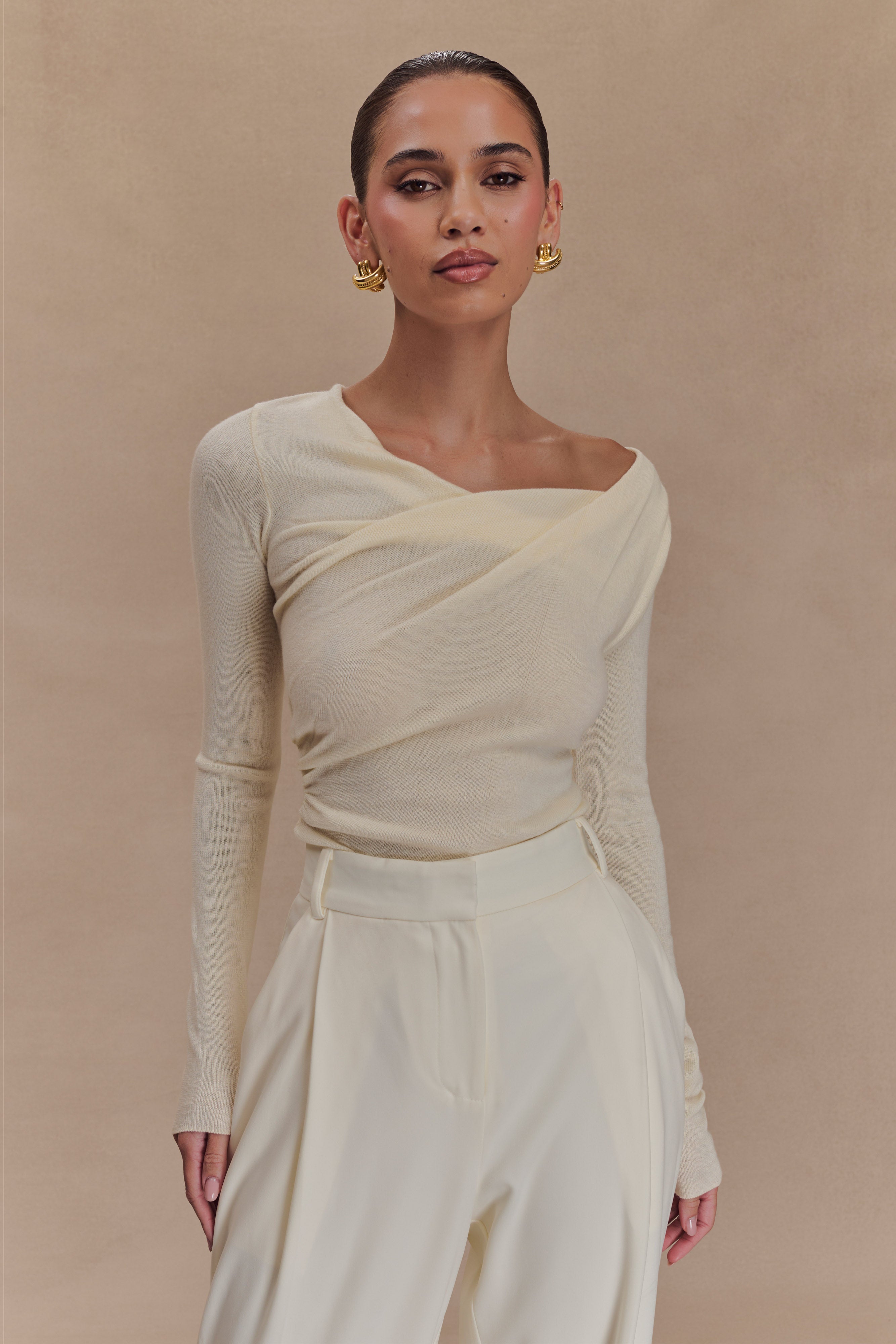 Twist Neck Knit Top for Women | Culver Draped Cream