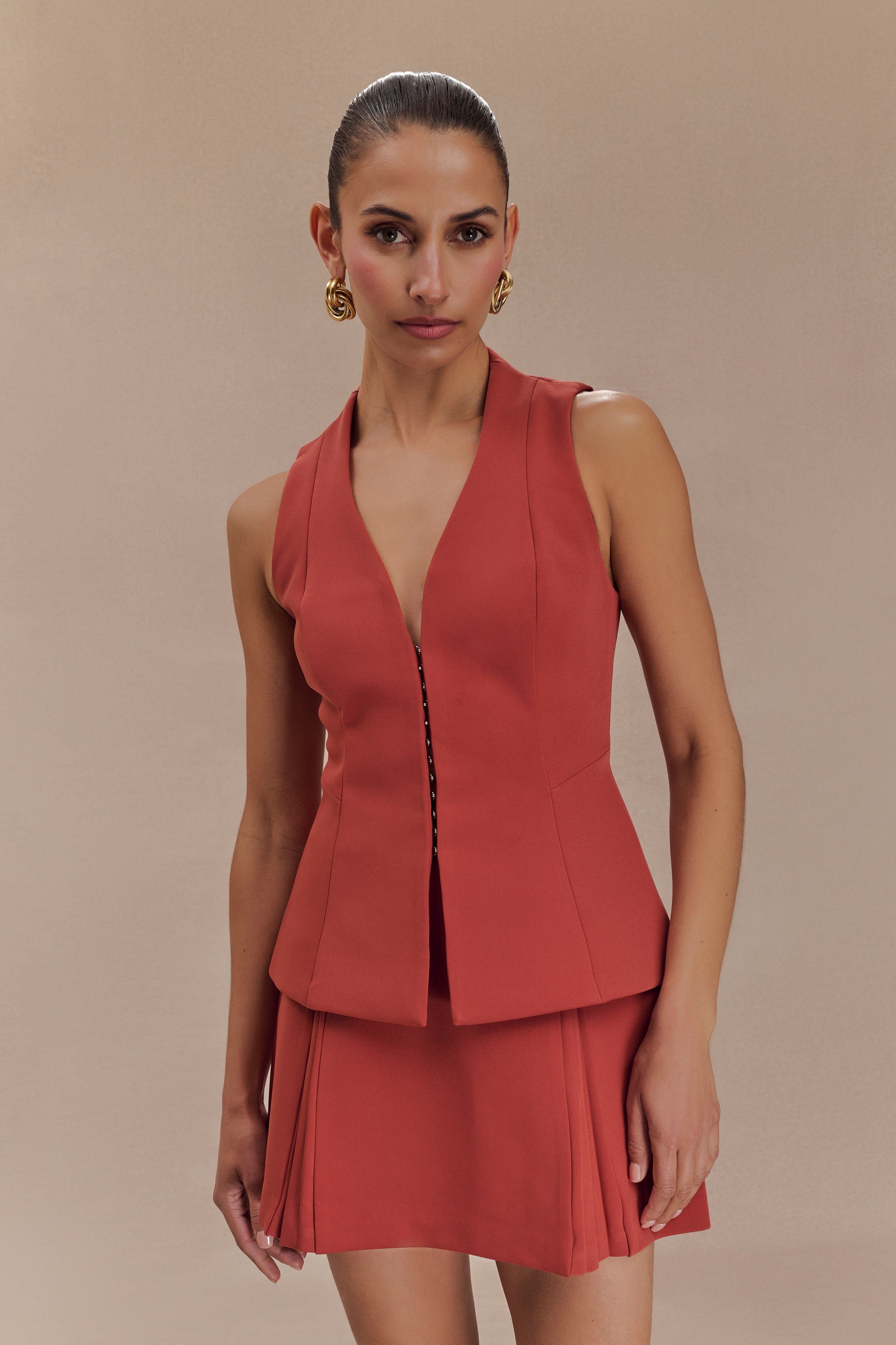 Structured Vest Top with V Neck & Flared Hem | Melinda
