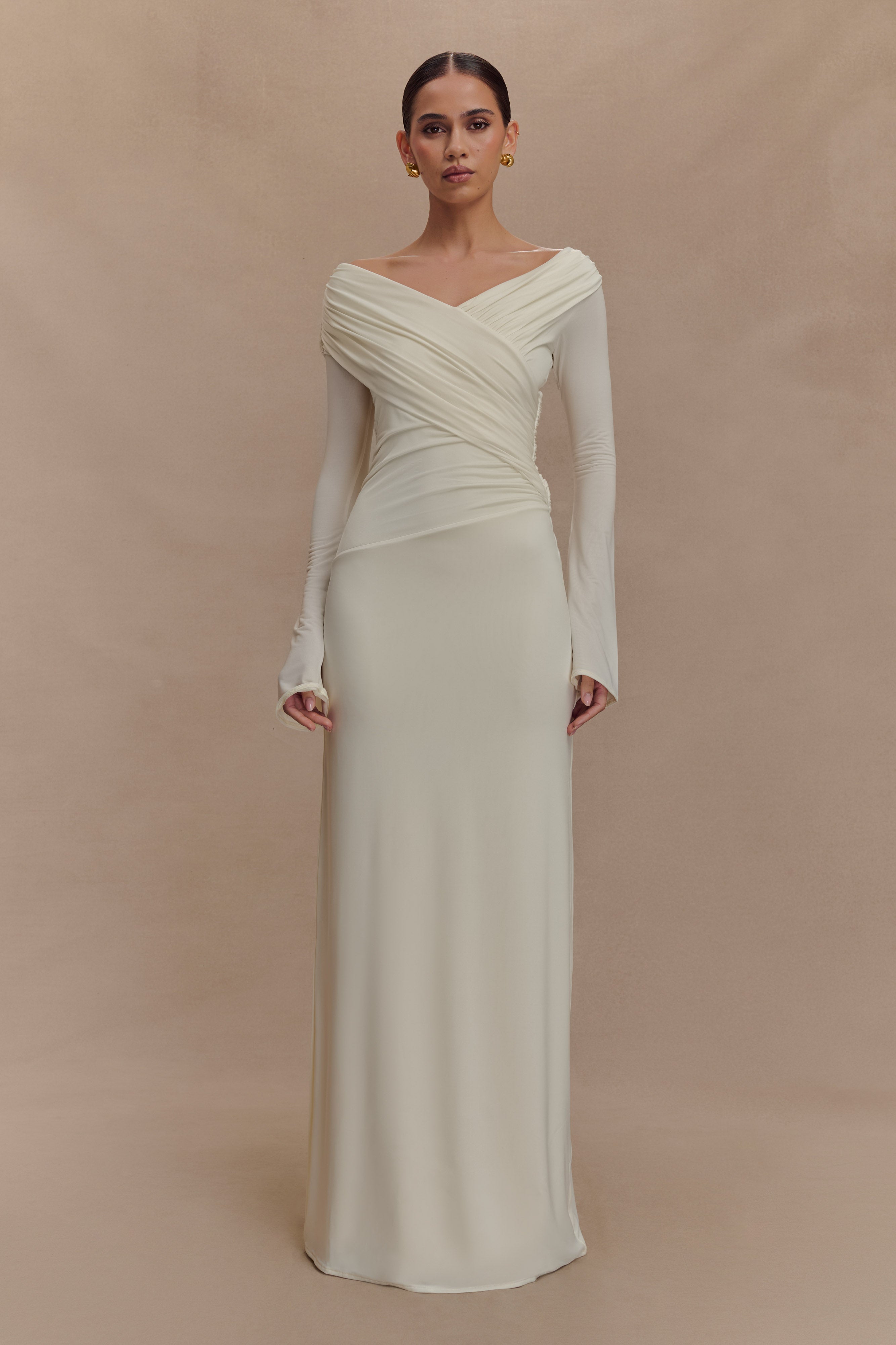 Off Shoulder Ruched Maxi Dress for Evening Events | Therese