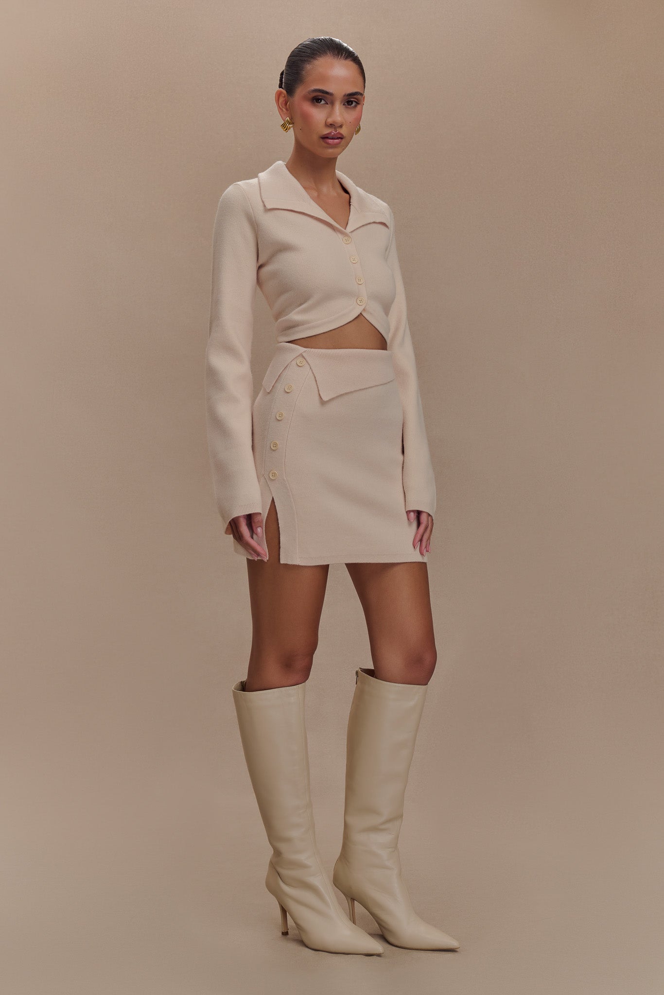 Knit Mini Skirt with Asymmetrical Waist | Annabelle - Cream