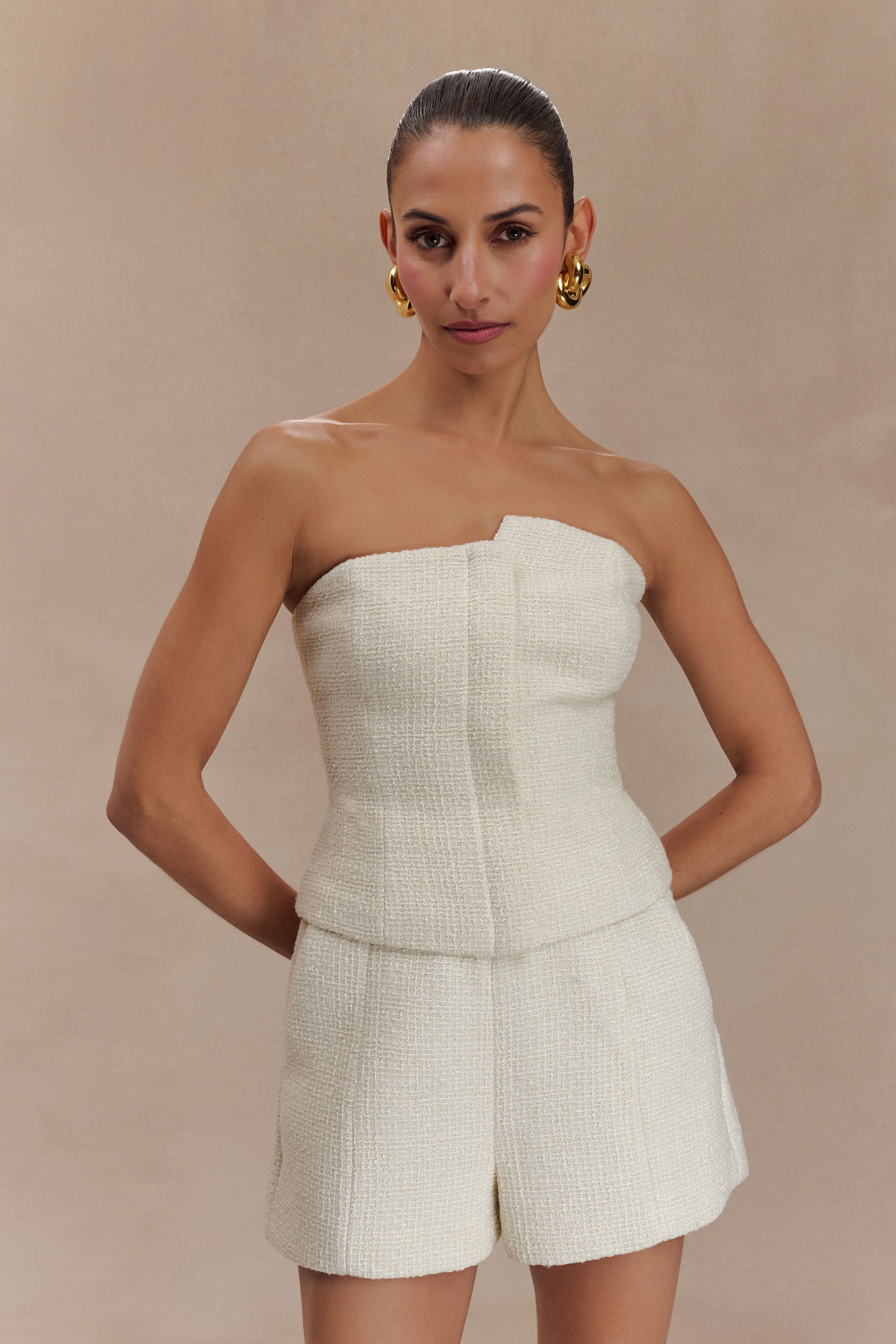 Strapless Asymmetric Boucle Top with Zip Closure | Parker Ivory