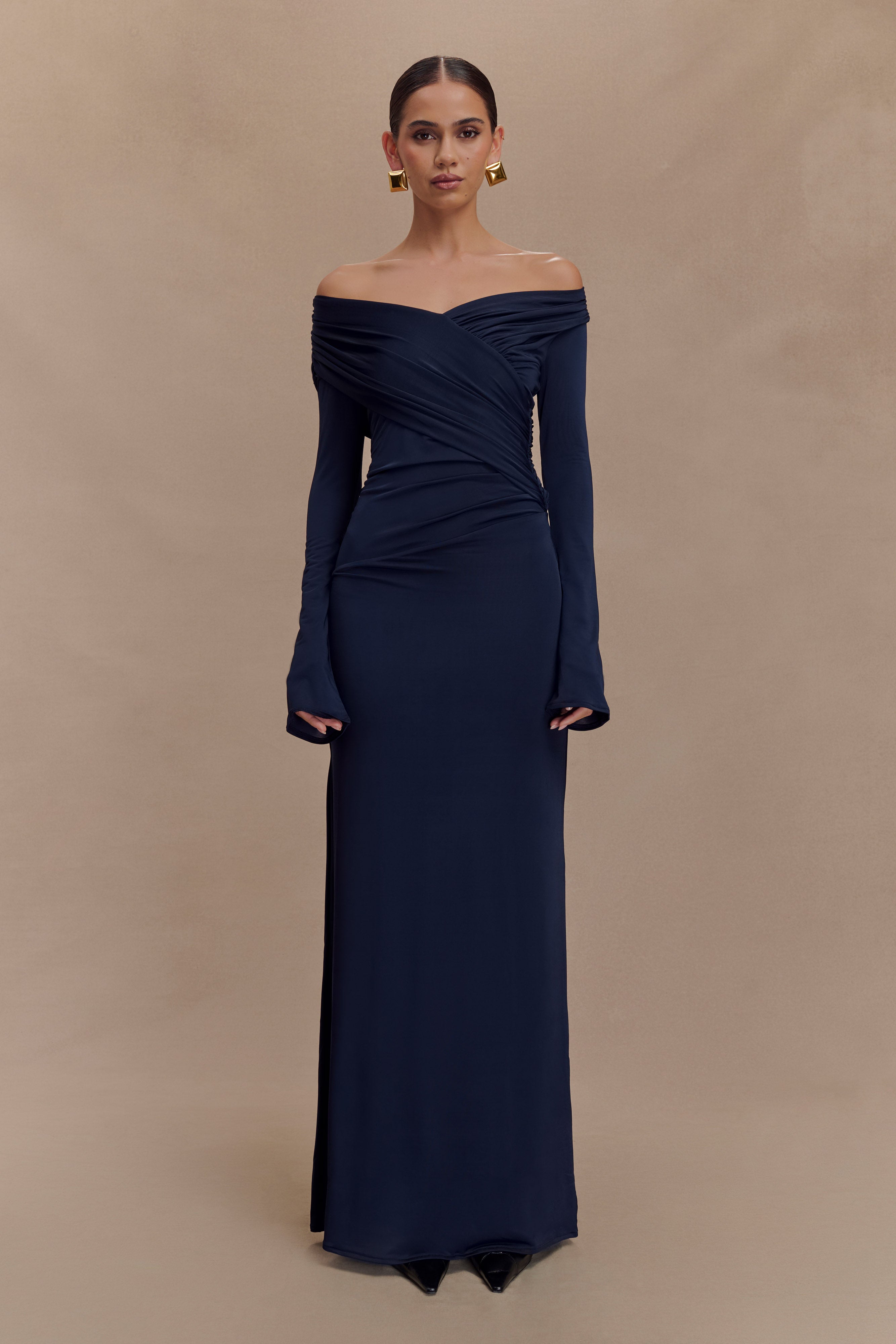 Off Shoulder Ruched Maxi Dress for Evening & Formal Events | Therese