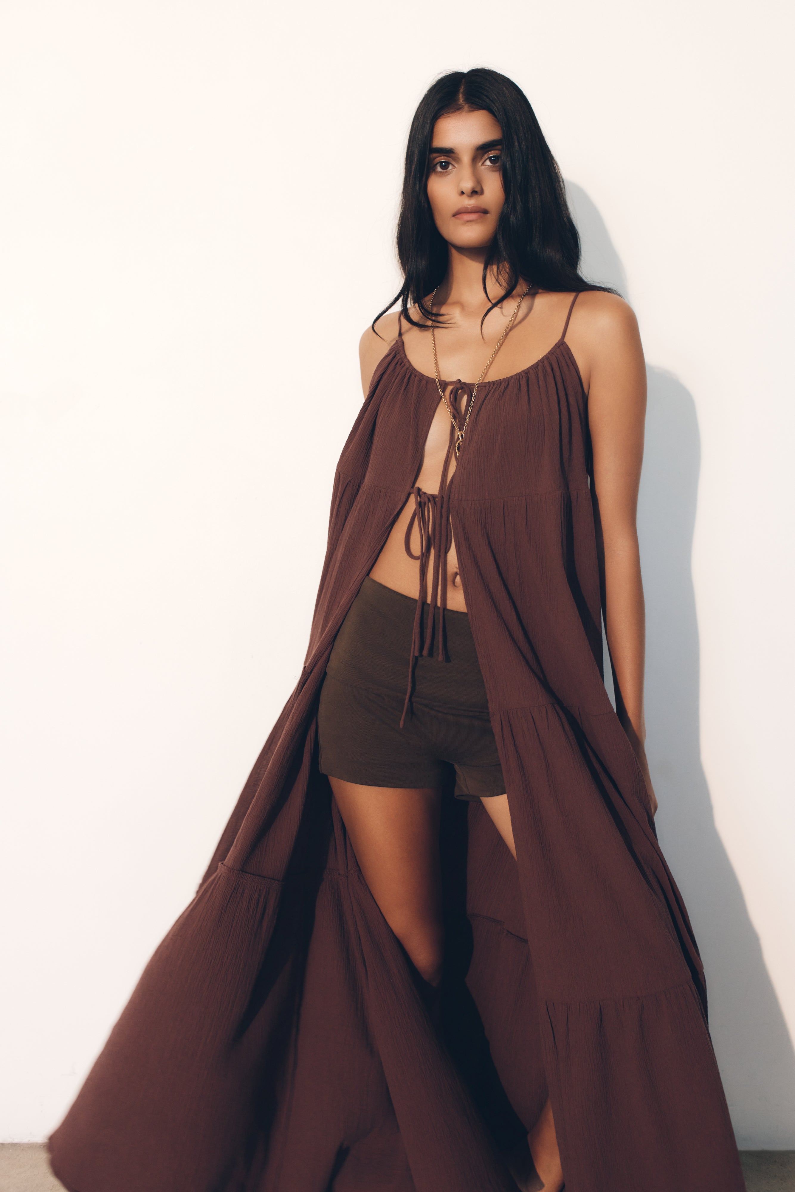Front Tie Maxi Top with Gathered Neckline & Spaghetti Straps | Lenny