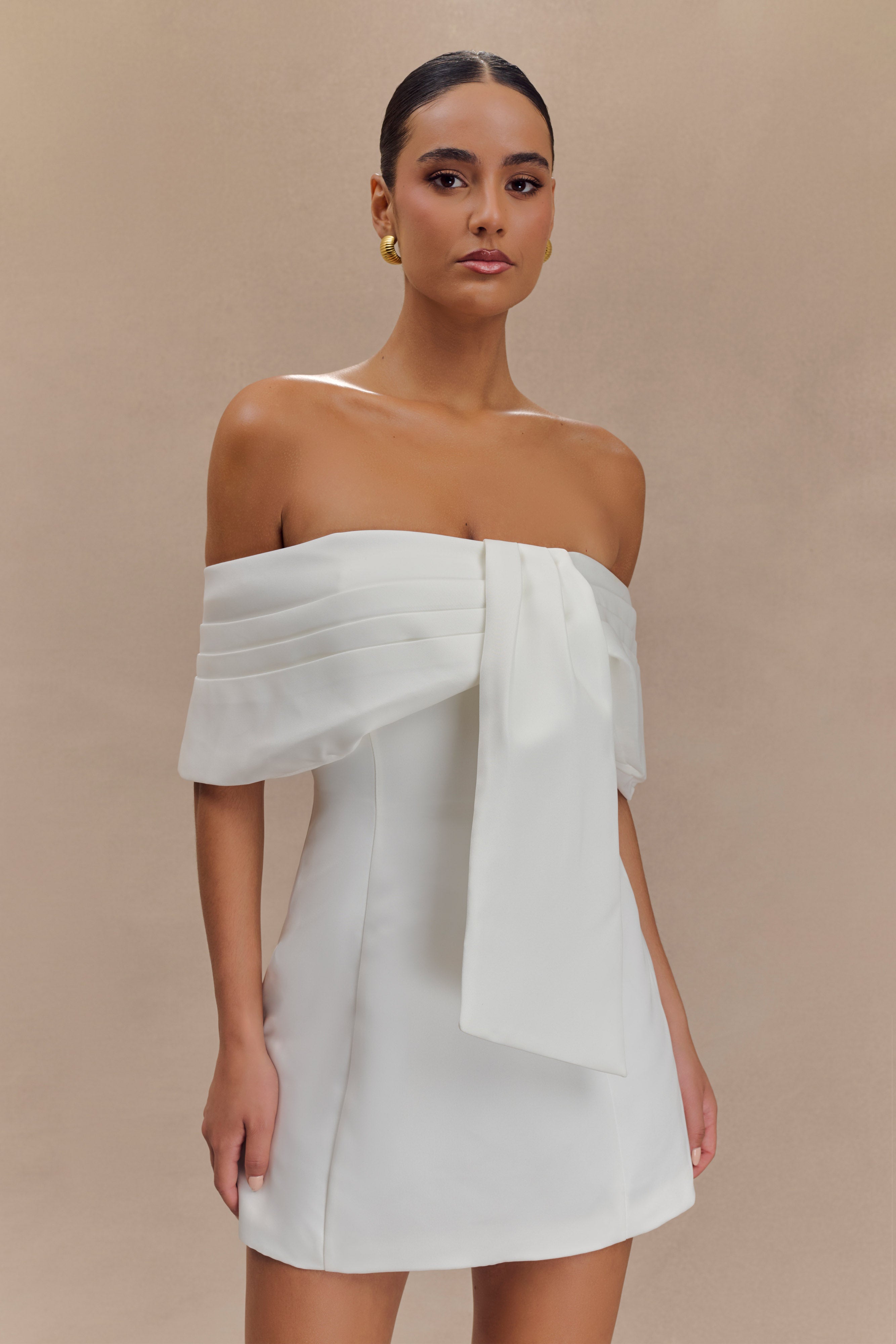 Off Shoulder Mini Dress with Drape Detail & Bubble Skirt | Gloria