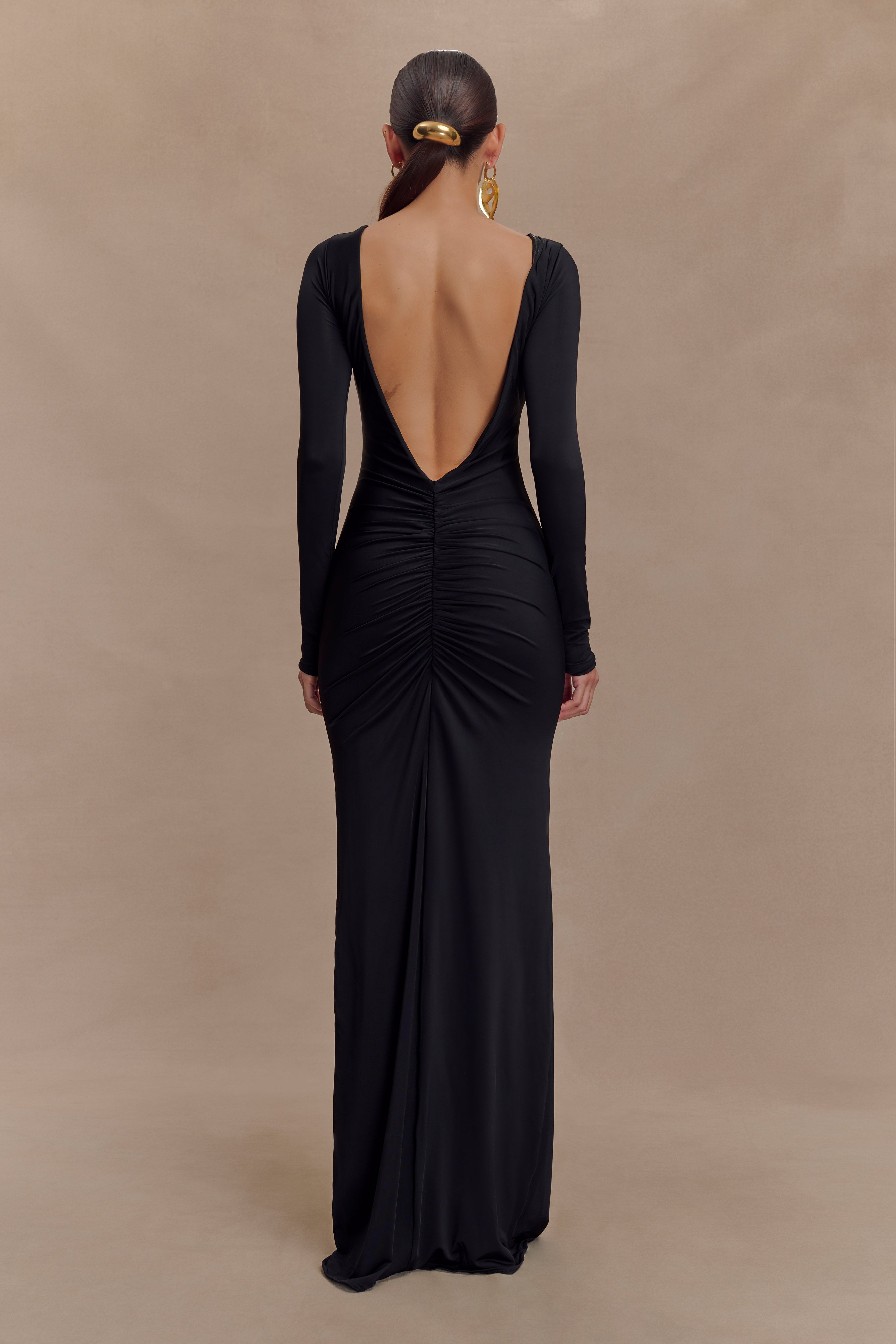 Elegant Long Sleeve Slinky Maxi Dress with V-Back | Louisa
