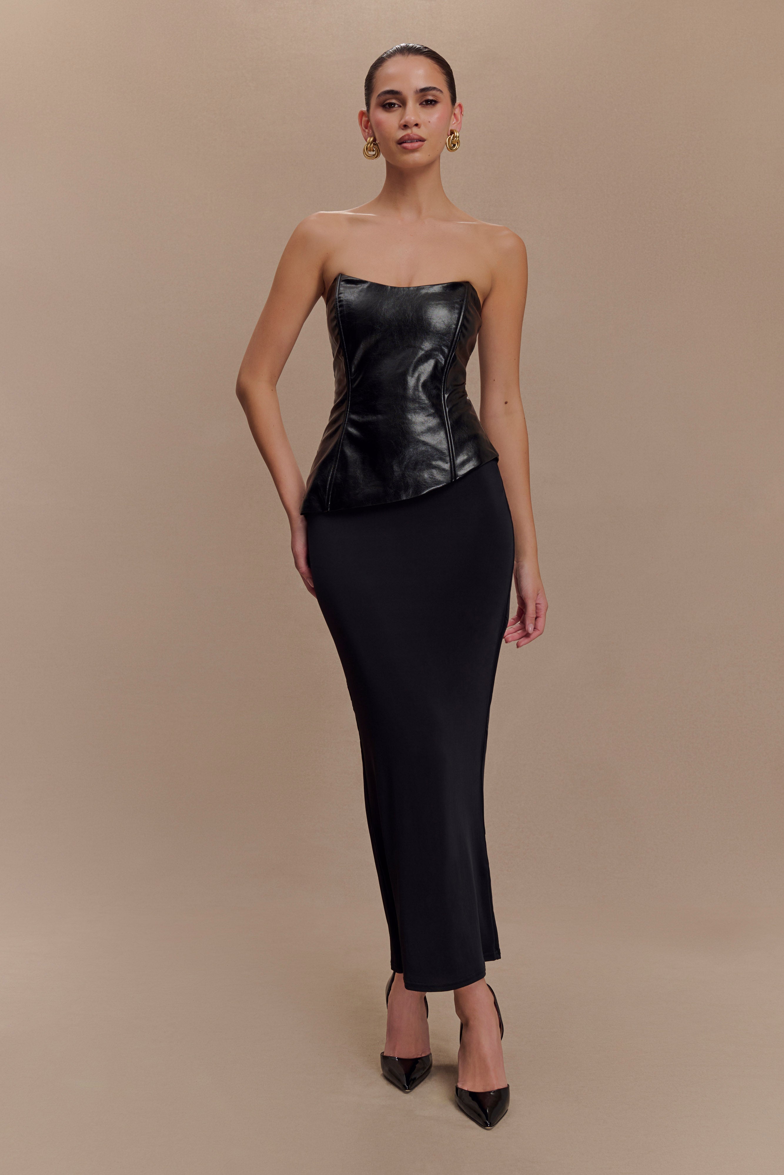 Faux Leather Strapless Top with Back Zip - Allana Black