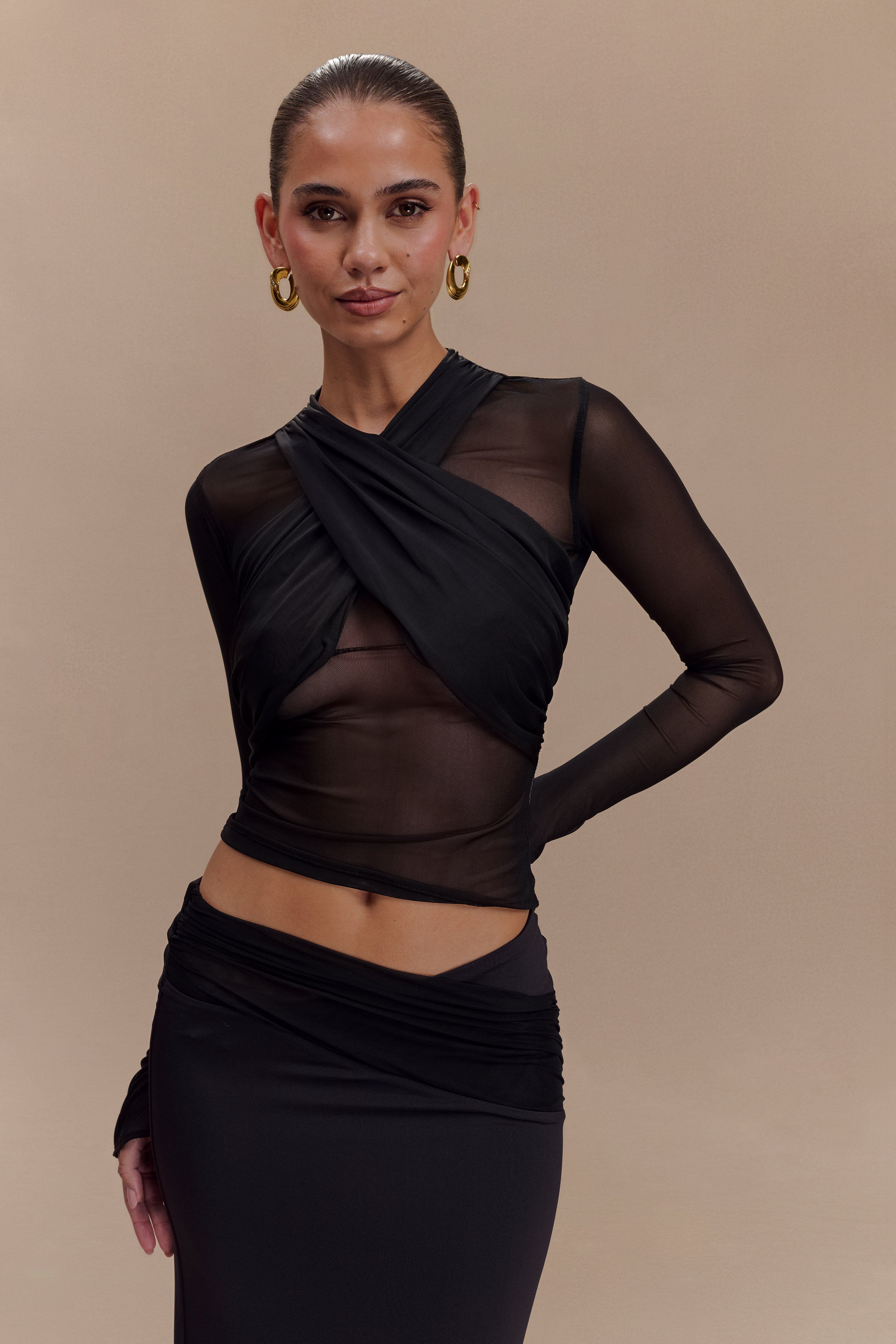 Mesh Long Sleeve Top with Jersey Halter | Tania Black