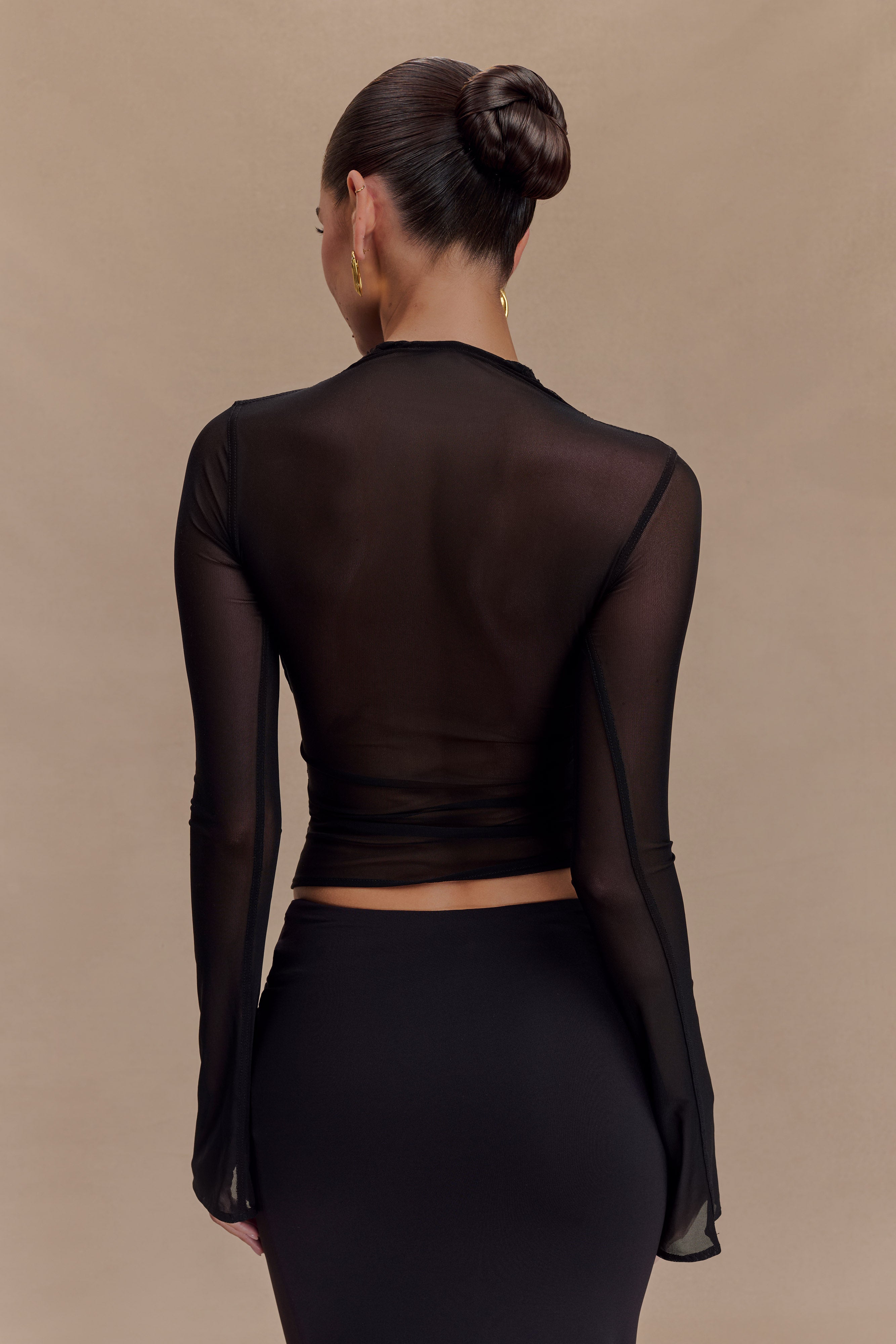 Mesh Long Sleeve Top with Jersey Halter | Tania Black