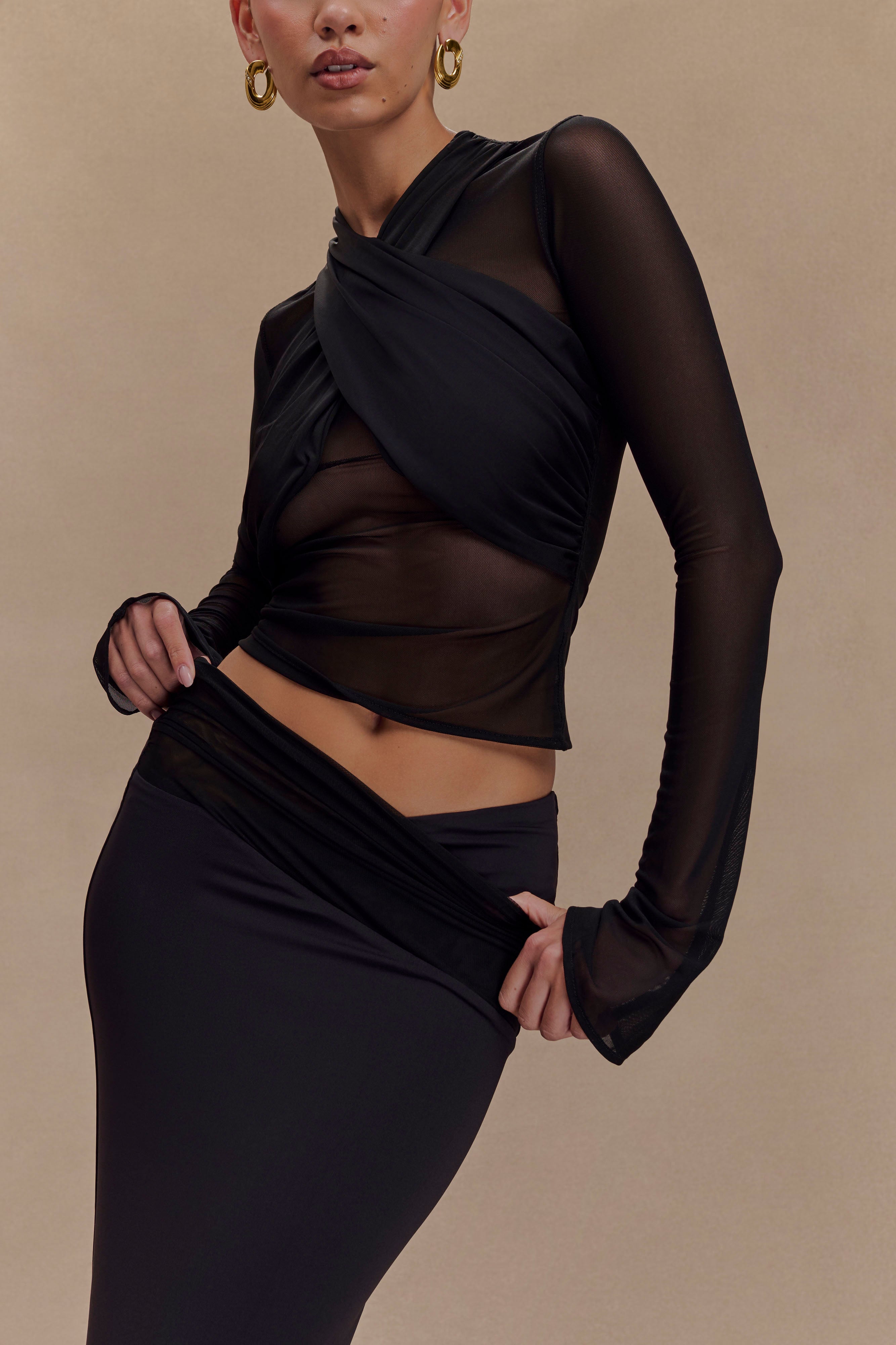 Mesh Long Sleeve Top with Jersey Halter | Tania Black