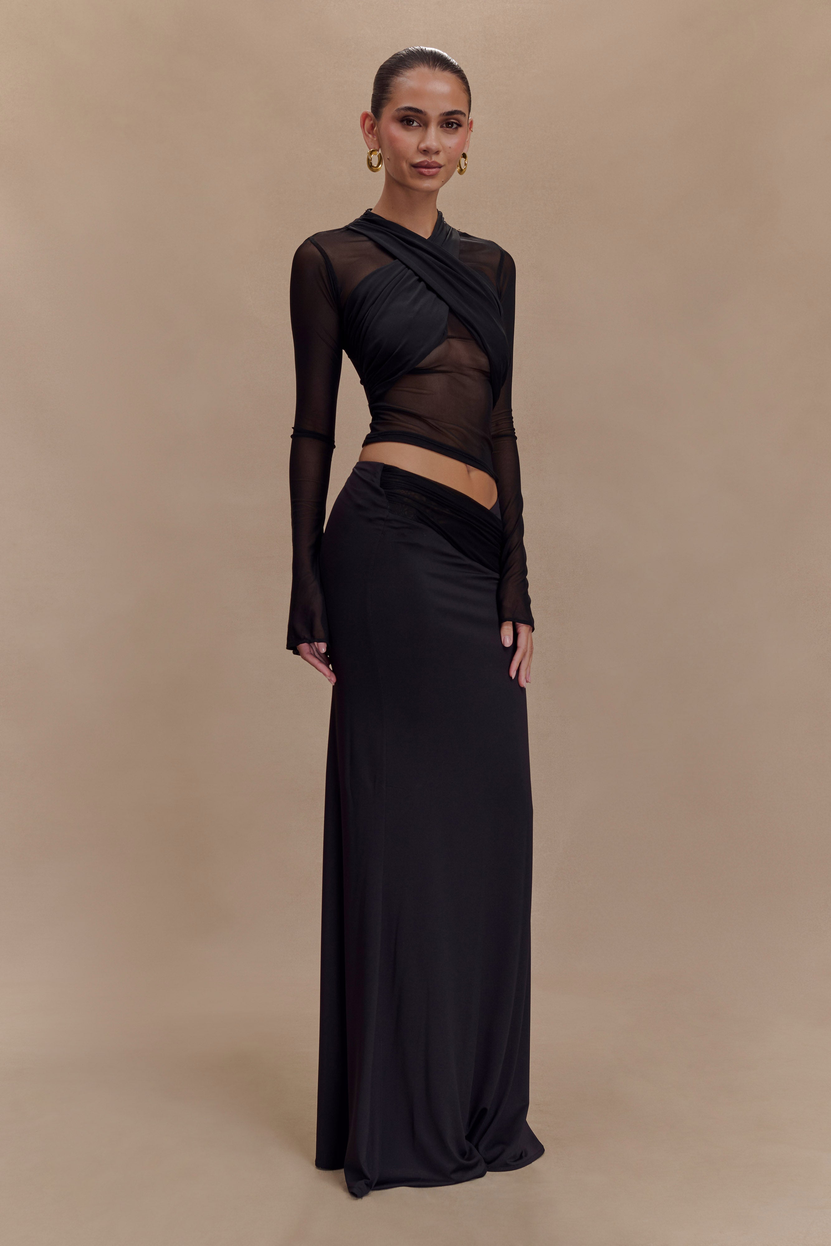 Mesh Long Sleeve Top with Jersey Halter | Tania Black