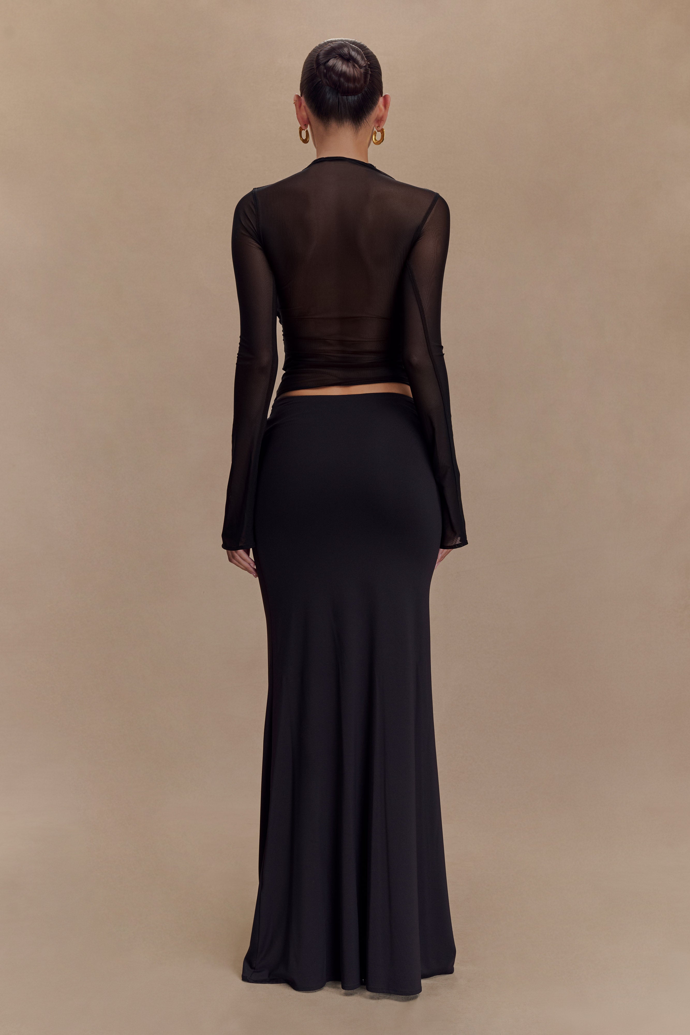 Mesh Long Sleeve Top with Jersey Halter | Tania Black